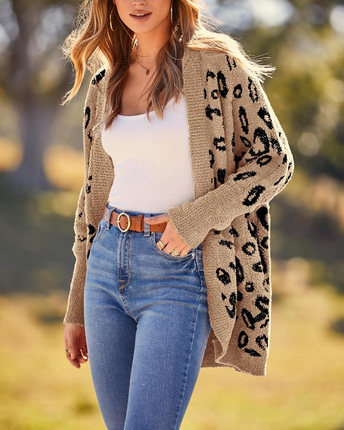 imageBTFBM Leopard Cardigan for Women Long Sleeve Open Front Cardigans Sweaters Pockets Loose Knit 2025 Fall Winter OutwearKhaki