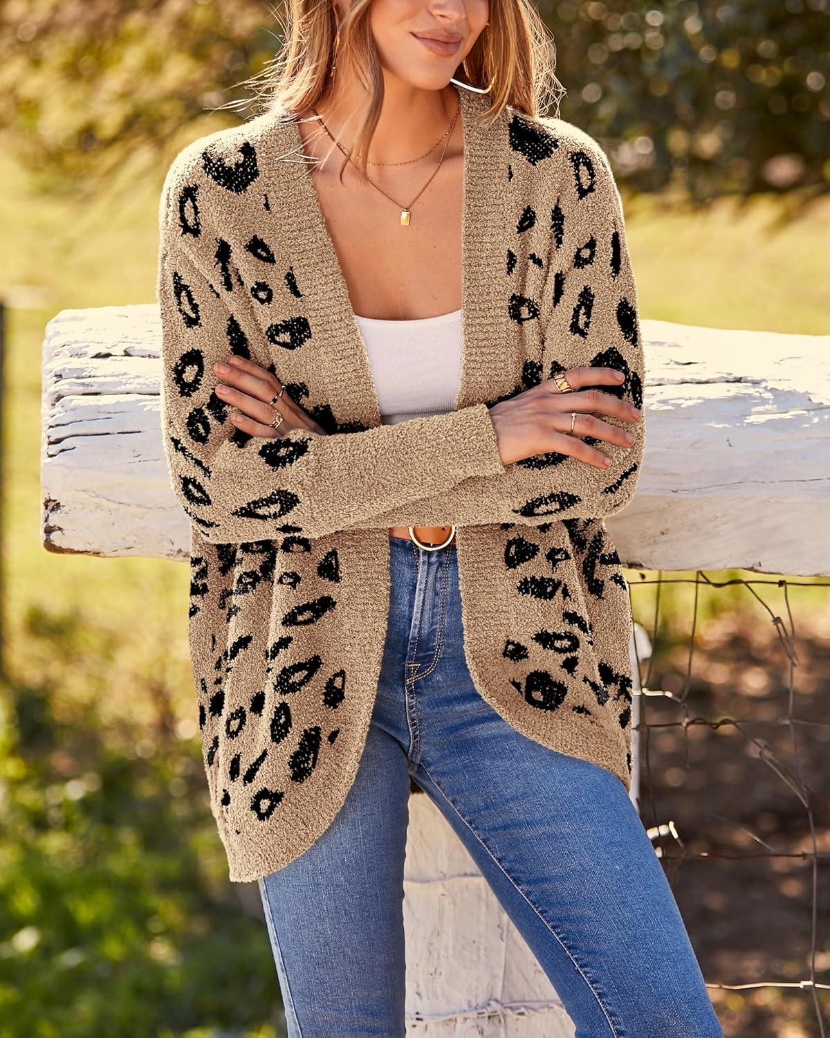 imageBTFBM Leopard Cardigan for Women Long Sleeve Open Front Cardigans Sweaters Pockets Loose Knit 2025 Fall Winter OutwearKhaki