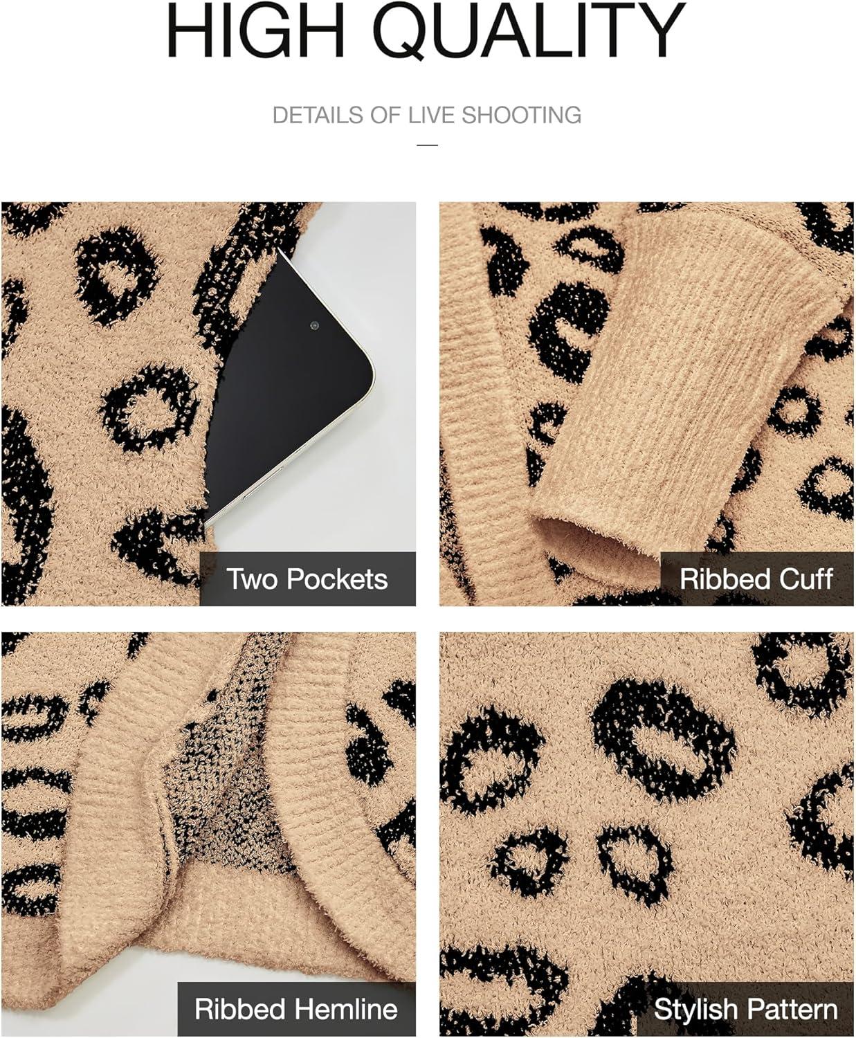 imageBTFBM Leopard Cardigan for Women Long Sleeve Open Front Cardigans Sweaters Pockets Loose Knit 2025 Fall Winter OutwearKhaki