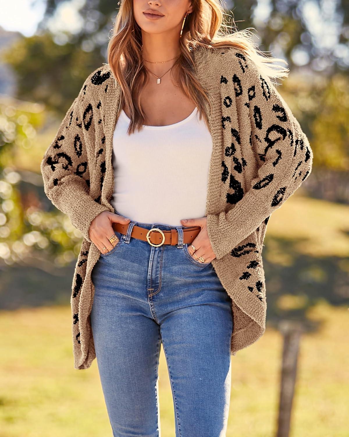 imageBTFBM Leopard Cardigan for Women Long Sleeve Open Front Cardigans Sweaters Pockets Loose Knit 2025 Fall Winter OutwearKhaki