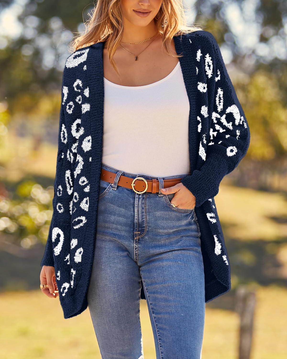 imageBTFBM Leopard Cardigan for Women Long Sleeve Open Front Cardigans Sweaters Pockets Loose Knit 2025 Fall Winter OutwearNavy