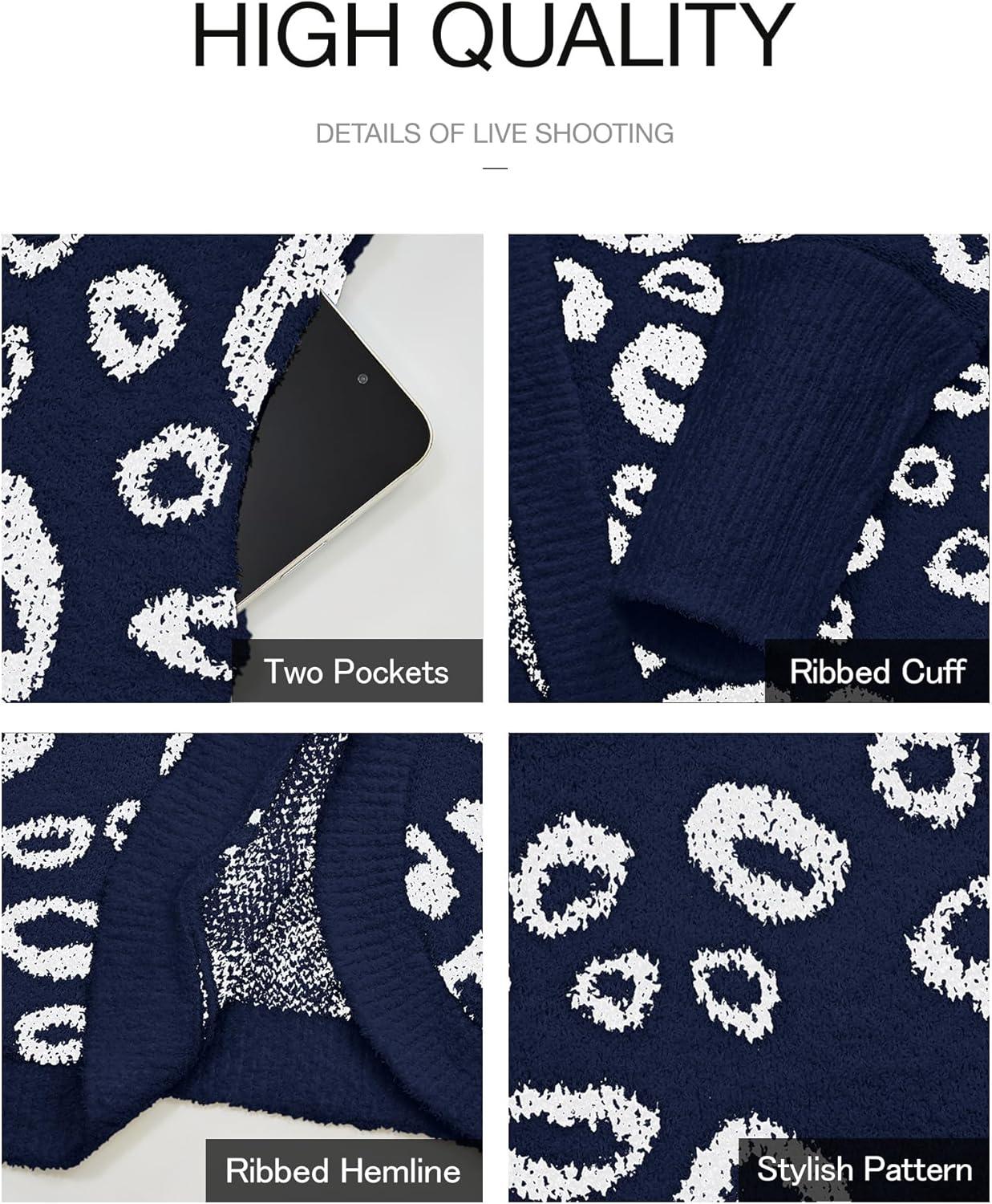 imageBTFBM Leopard Cardigan for Women Long Sleeve Open Front Cardigans Sweaters Pockets Loose Knit 2025 Fall Winter OutwearNavy