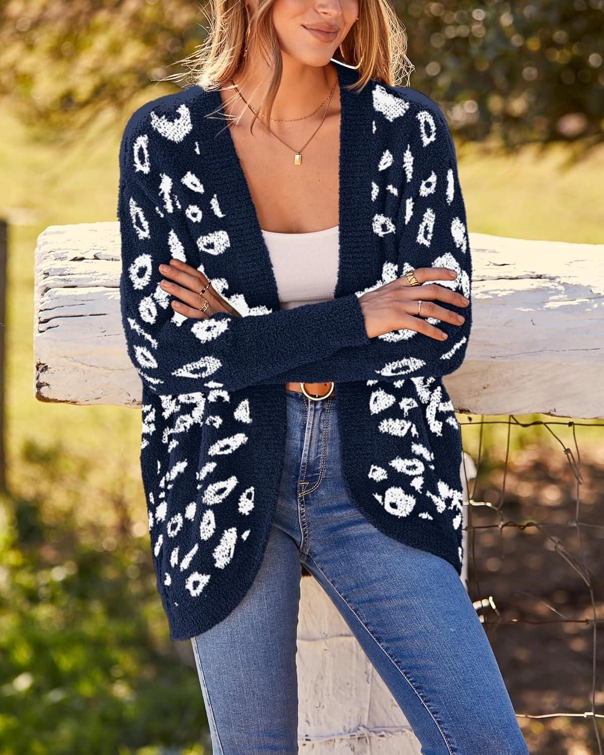 imageBTFBM Leopard Cardigan for Women Long Sleeve Open Front Cardigans Sweaters Pockets Loose Knit 2025 Fall Winter OutwearNavy