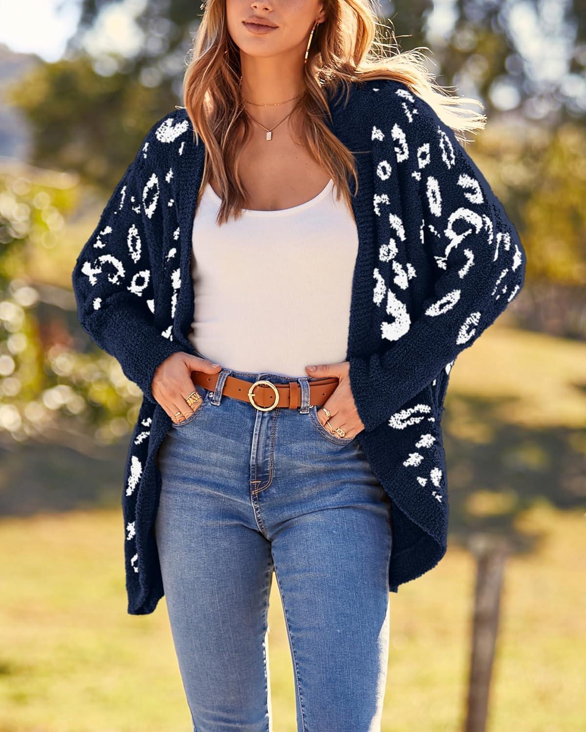imageBTFBM Leopard Cardigan for Women Long Sleeve Open Front Cardigans Sweaters Pockets Loose Knit 2025 Fall Winter OutwearNavy