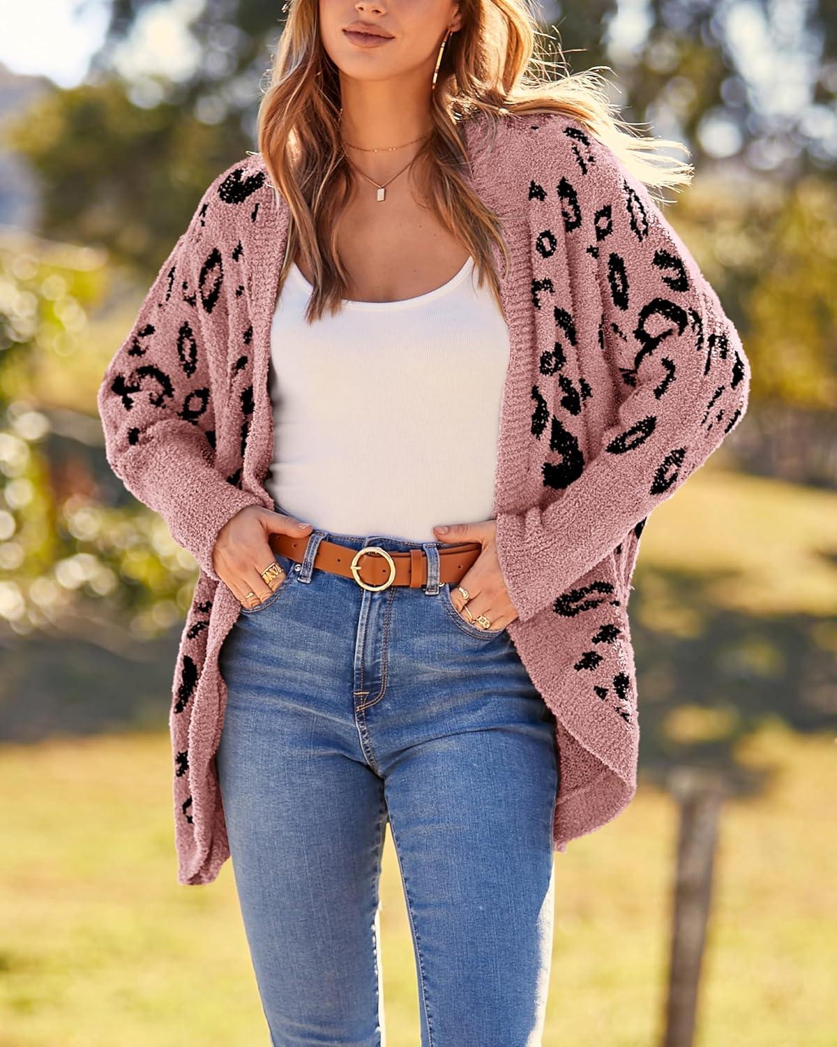 imageBTFBM Leopard Cardigan for Women Long Sleeve Open Front Cardigans Sweaters Pockets Loose Knit 2025 Fall Winter OutwearPink