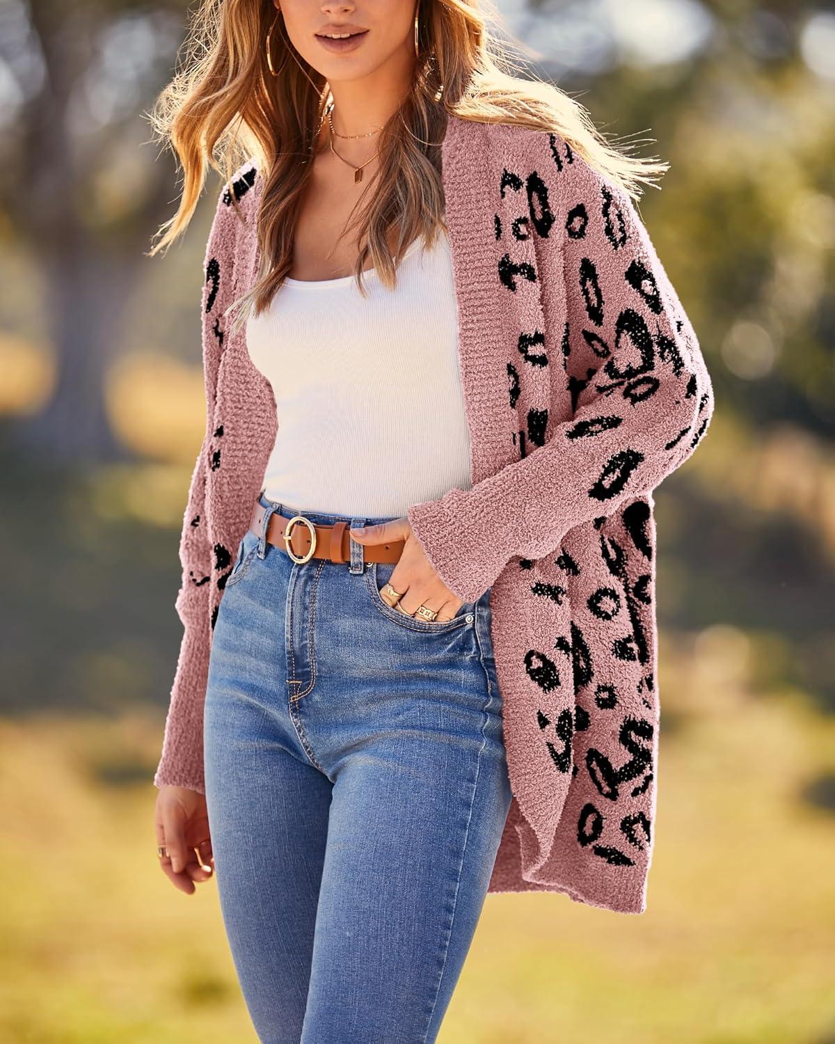 imageBTFBM Leopard Cardigan for Women Long Sleeve Open Front Cardigans Sweaters Pockets Loose Knit 2025 Fall Winter OutwearPink