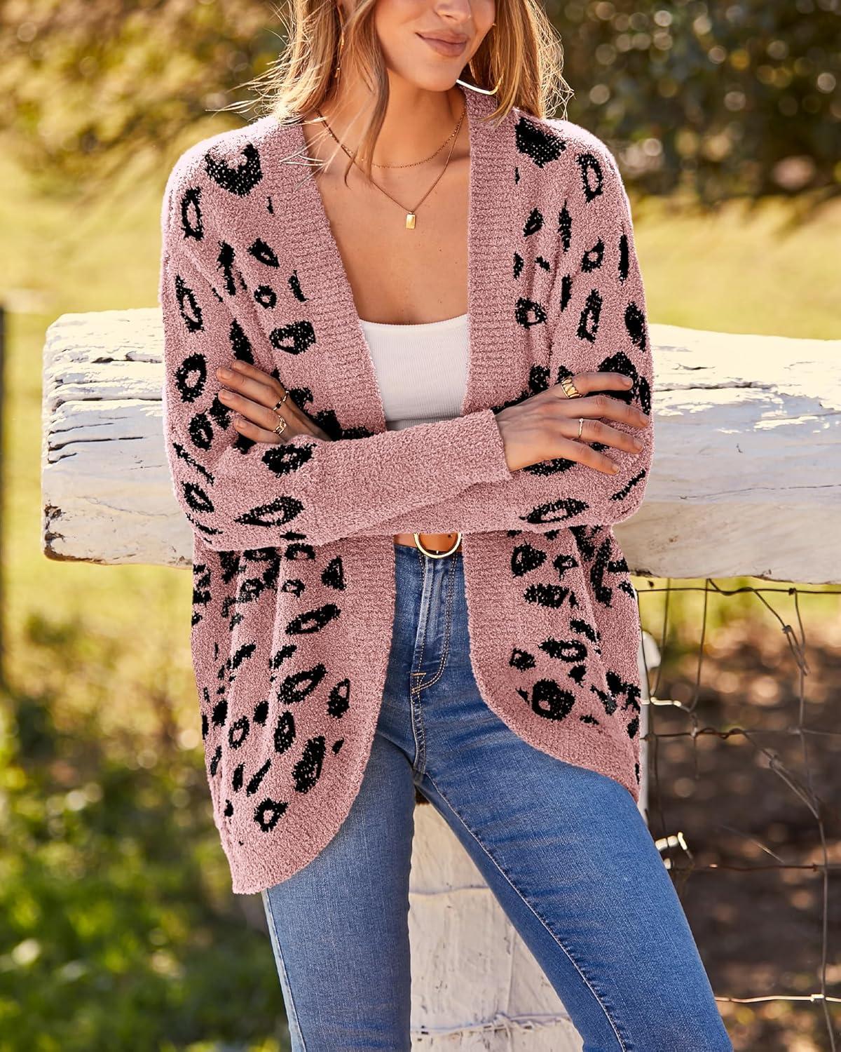 imageBTFBM Leopard Cardigan for Women Long Sleeve Open Front Cardigans Sweaters Pockets Loose Knit 2025 Fall Winter OutwearPink