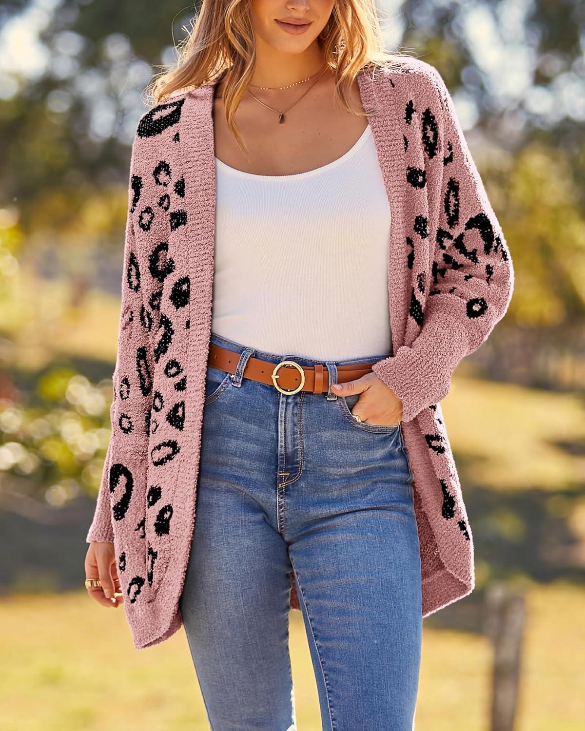 imageBTFBM Leopard Cardigan for Women Long Sleeve Open Front Cardigans Sweaters Pockets Loose Knit 2025 Fall Winter OutwearPink