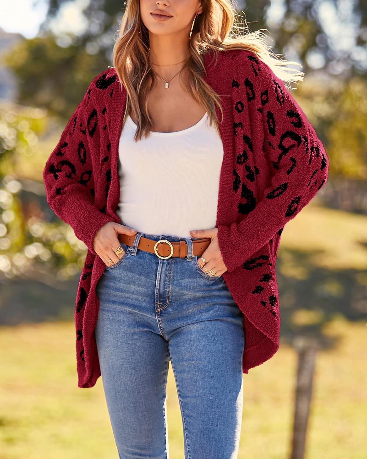 imageBTFBM Leopard Cardigan for Women Long Sleeve Open Front Cardigans Sweaters Pockets Loose Knit 2025 Fall Winter OutwearRed