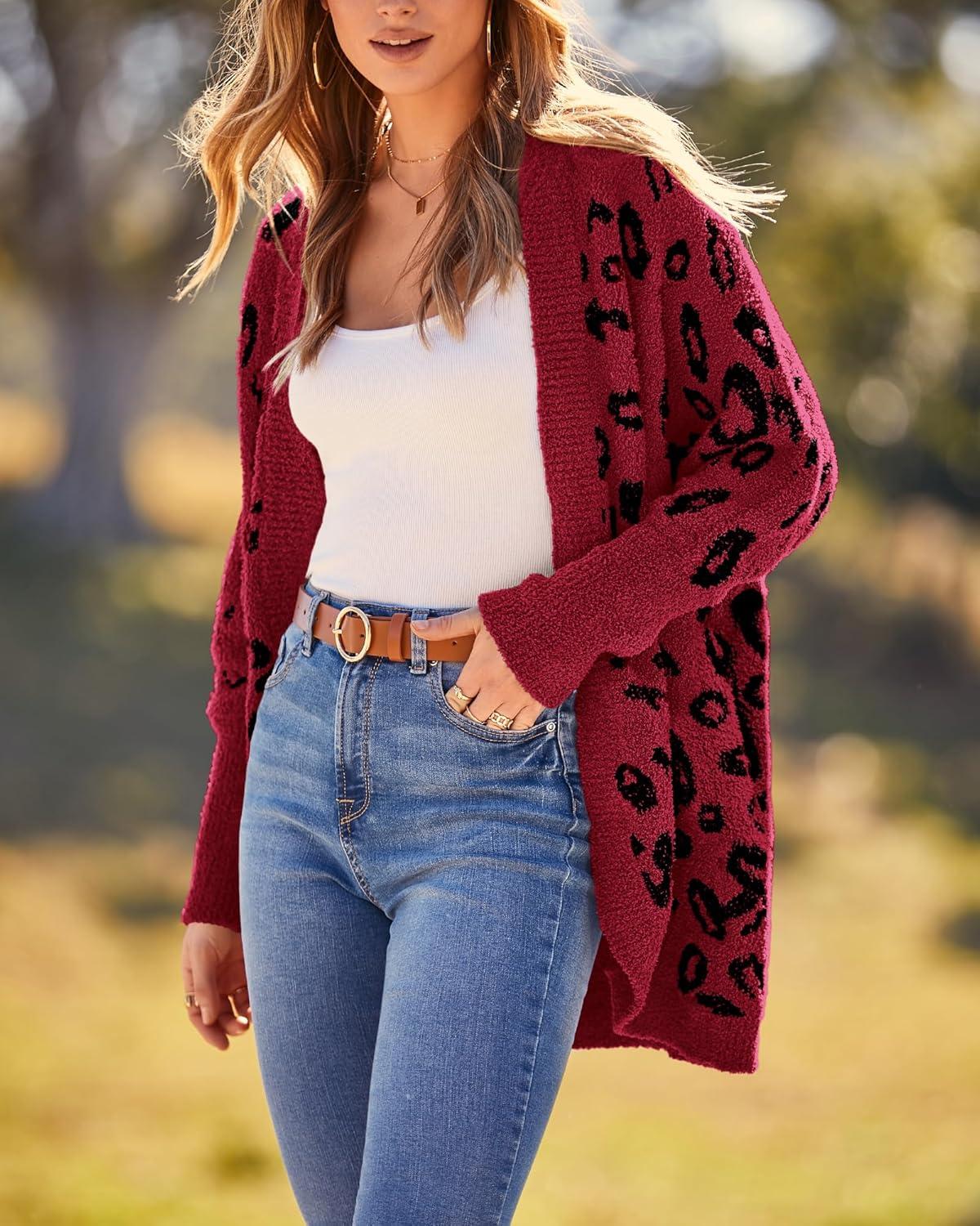 imageBTFBM Leopard Cardigan for Women Long Sleeve Open Front Cardigans Sweaters Pockets Loose Knit 2025 Fall Winter OutwearRed