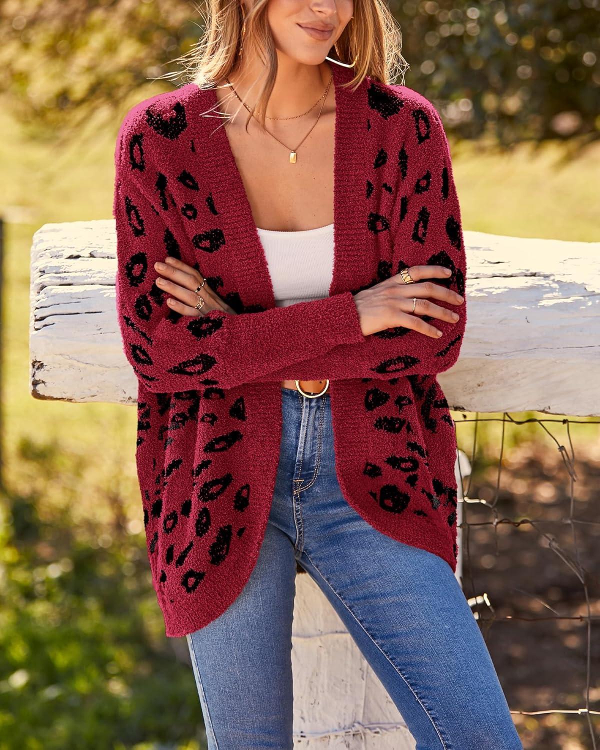 imageBTFBM Leopard Cardigan for Women Long Sleeve Open Front Cardigans Sweaters Pockets Loose Knit 2025 Fall Winter OutwearRed