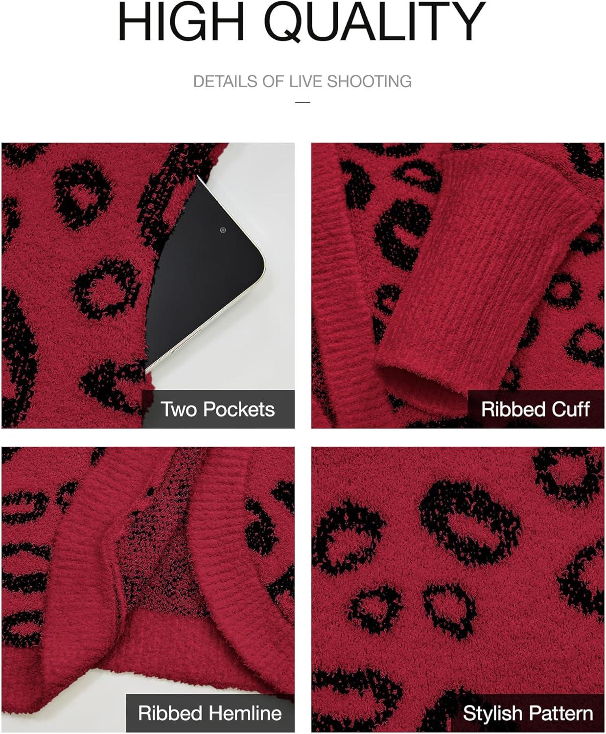 imageBTFBM Leopard Cardigan for Women Long Sleeve Open Front Cardigans Sweaters Pockets Loose Knit 2025 Fall Winter OutwearRed
