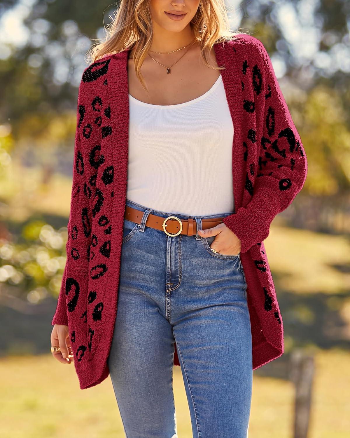 imageBTFBM Leopard Cardigan for Women Long Sleeve Open Front Cardigans Sweaters Pockets Loose Knit 2025 Fall Winter OutwearRed