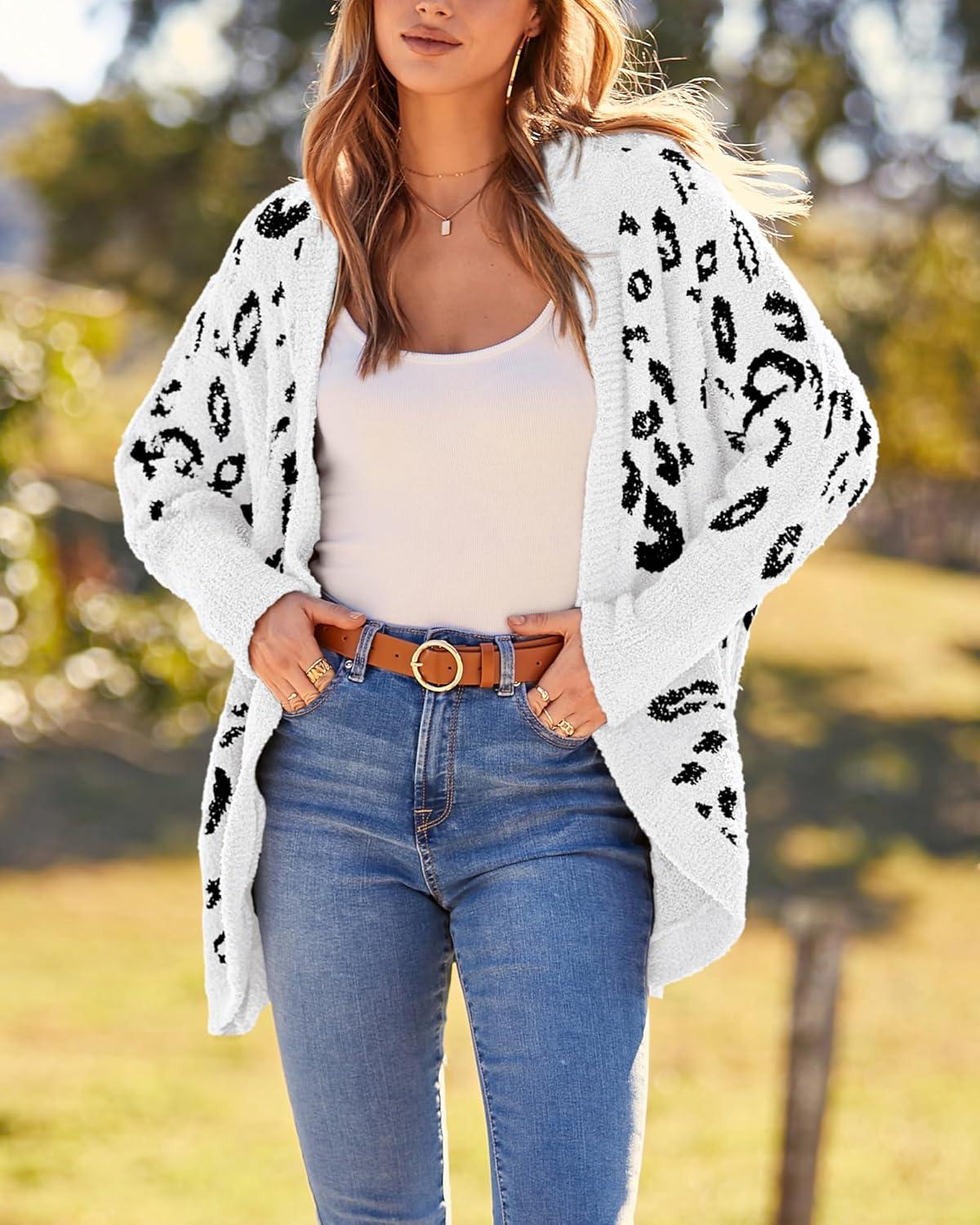 imageBTFBM Leopard Cardigan for Women Long Sleeve Open Front Cardigans Sweaters Pockets Loose Knit 2025 Fall Winter OutwearWhite