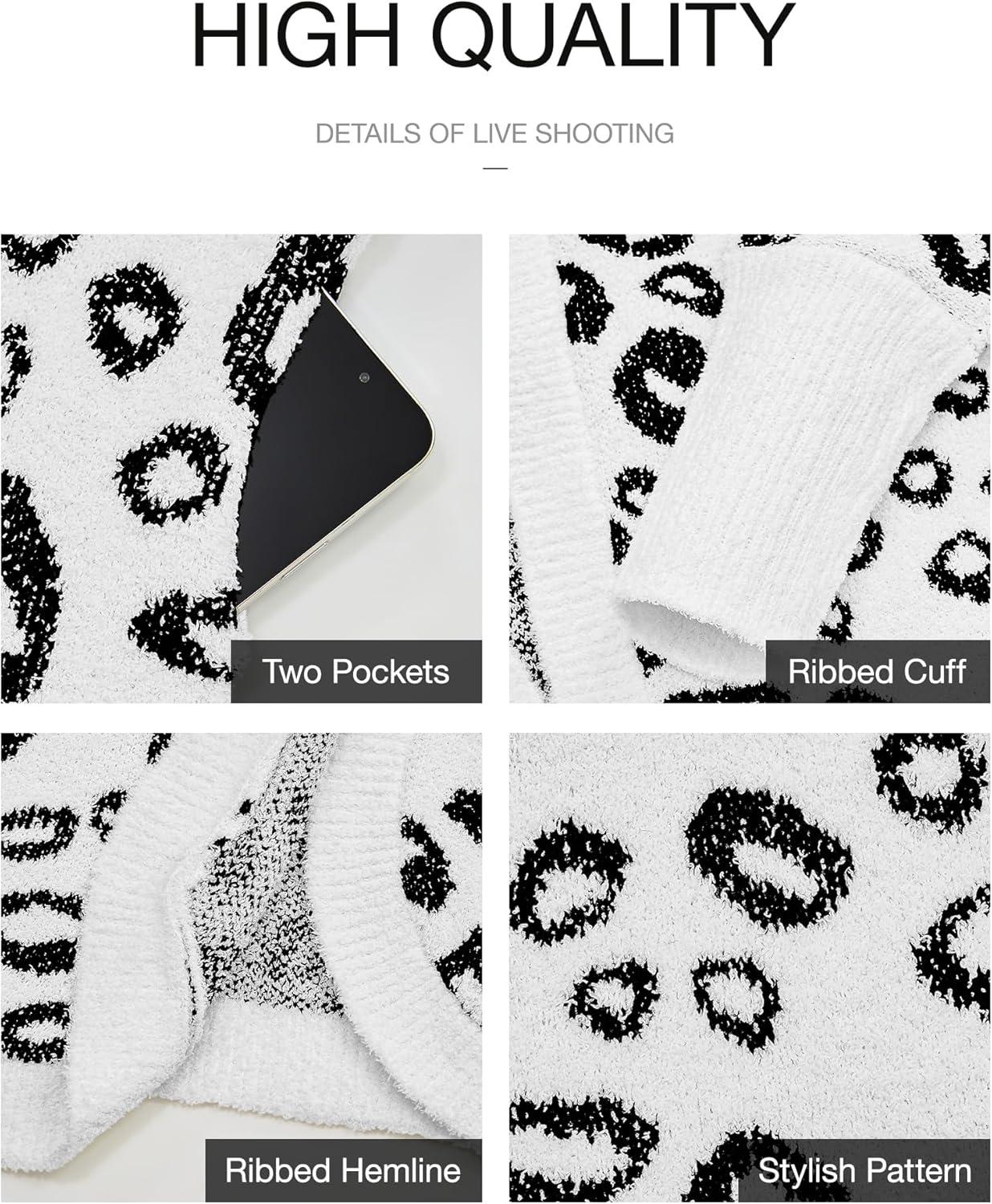 imageBTFBM Leopard Cardigan for Women Long Sleeve Open Front Cardigans Sweaters Pockets Loose Knit 2025 Fall Winter OutwearWhite