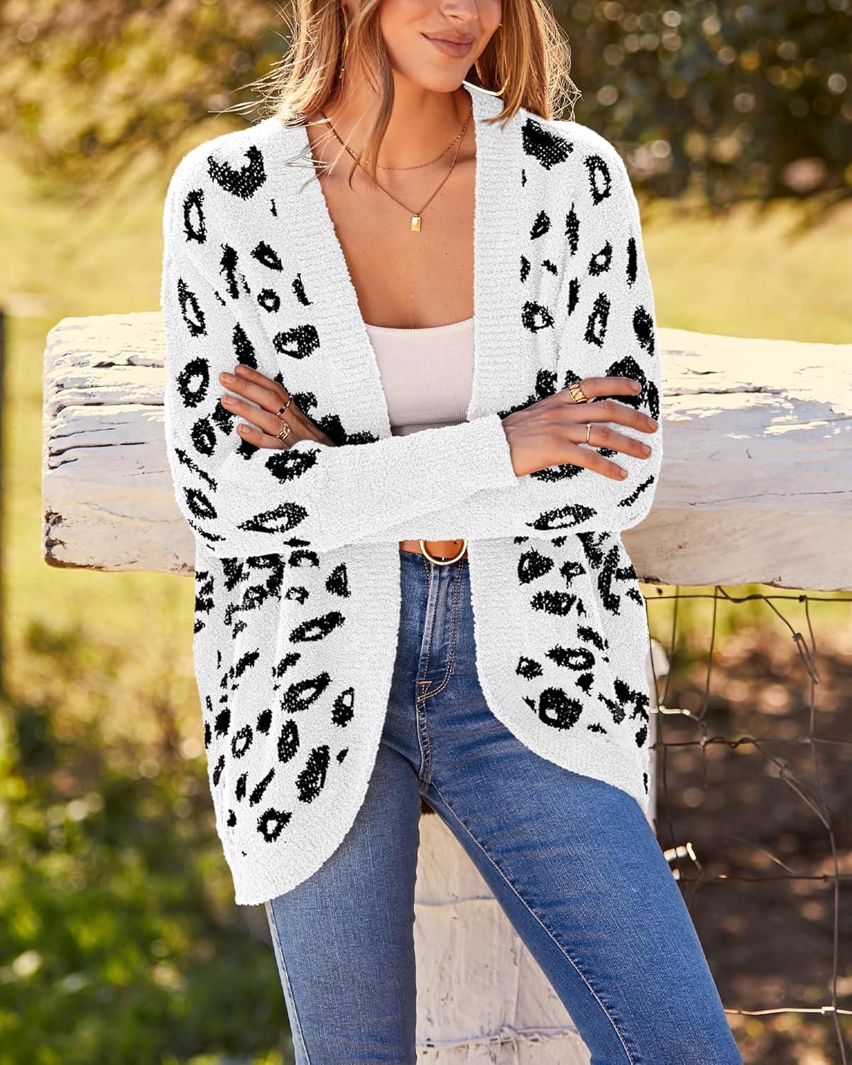 imageBTFBM Leopard Cardigan for Women Long Sleeve Open Front Cardigans Sweaters Pockets Loose Knit 2025 Fall Winter OutwearWhite