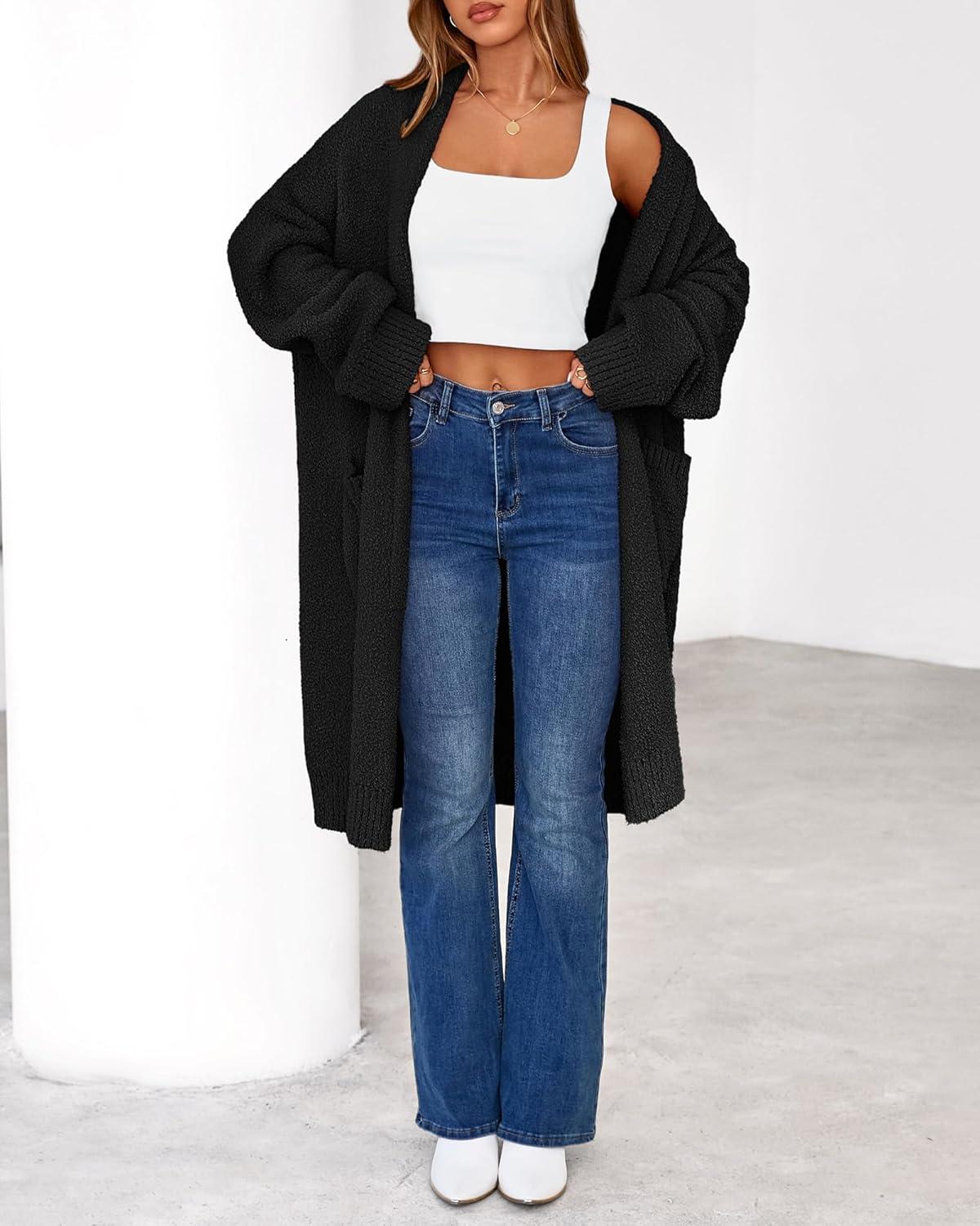 imageBTFBM Long Cardigans for Women Trendy Fall 2025 Open Front Long Sleeve Oversized Sweaters Casual Knit Winter CoatsBlack