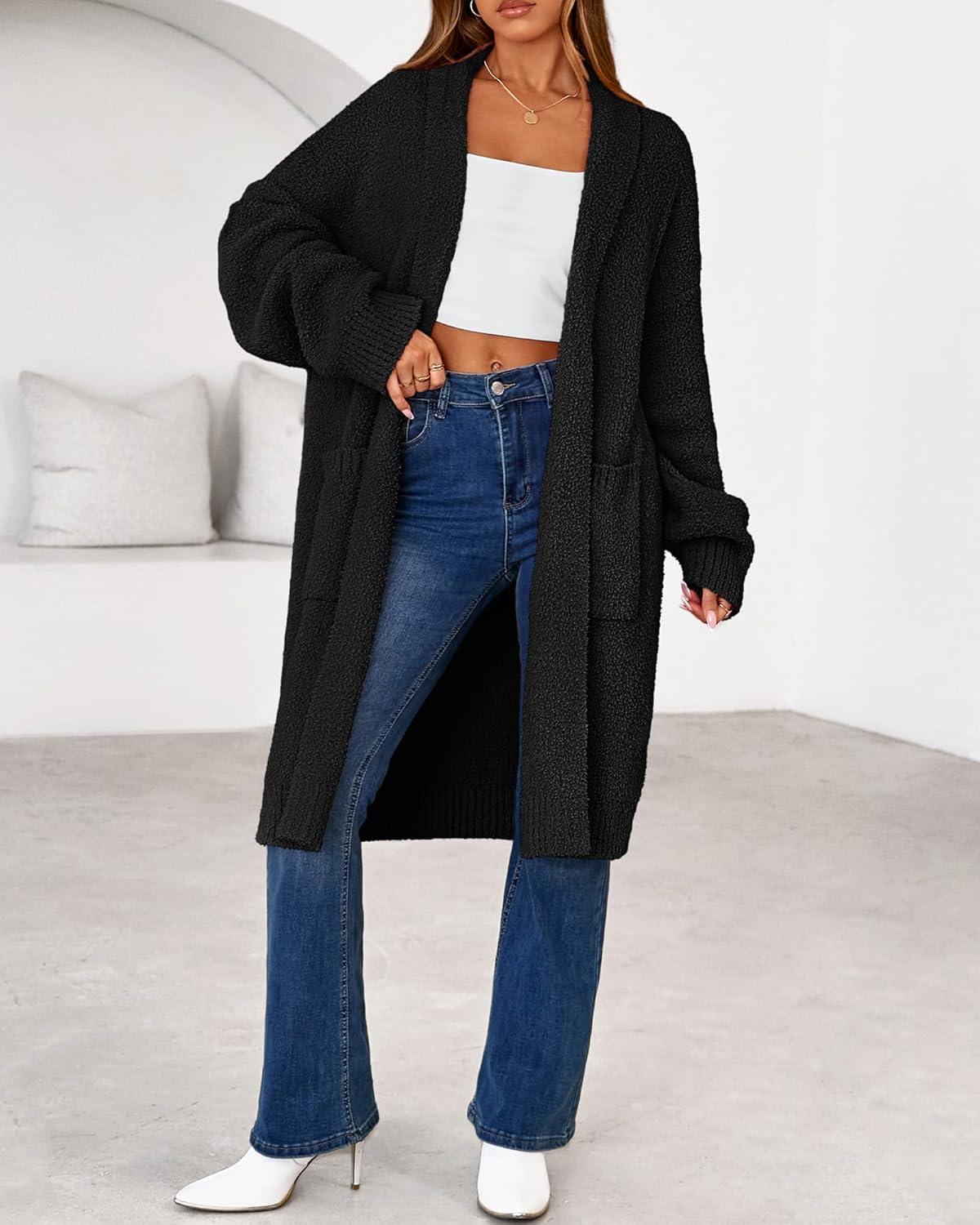 imageBTFBM Long Cardigans for Women Trendy Fall 2025 Open Front Long Sleeve Oversized Sweaters Casual Knit Winter CoatsBlack