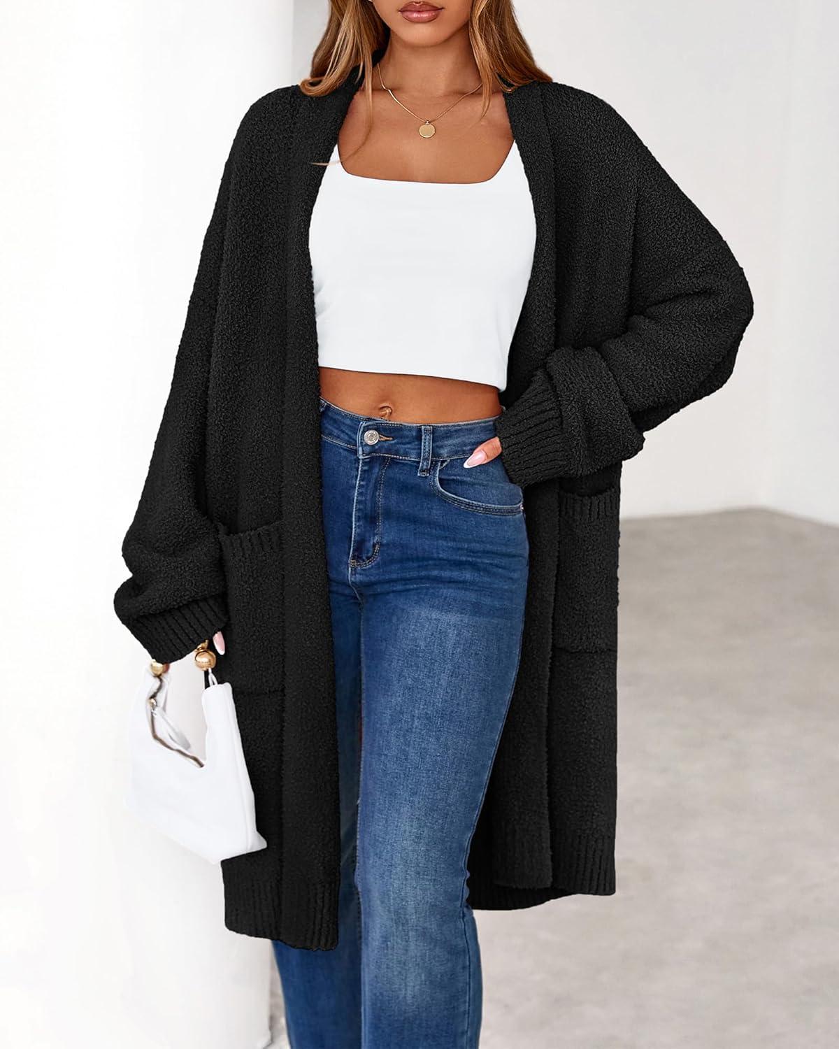 imageBTFBM Long Cardigans for Women Trendy Fall 2025 Open Front Long Sleeve Oversized Sweaters Casual Knit Winter CoatsBlack