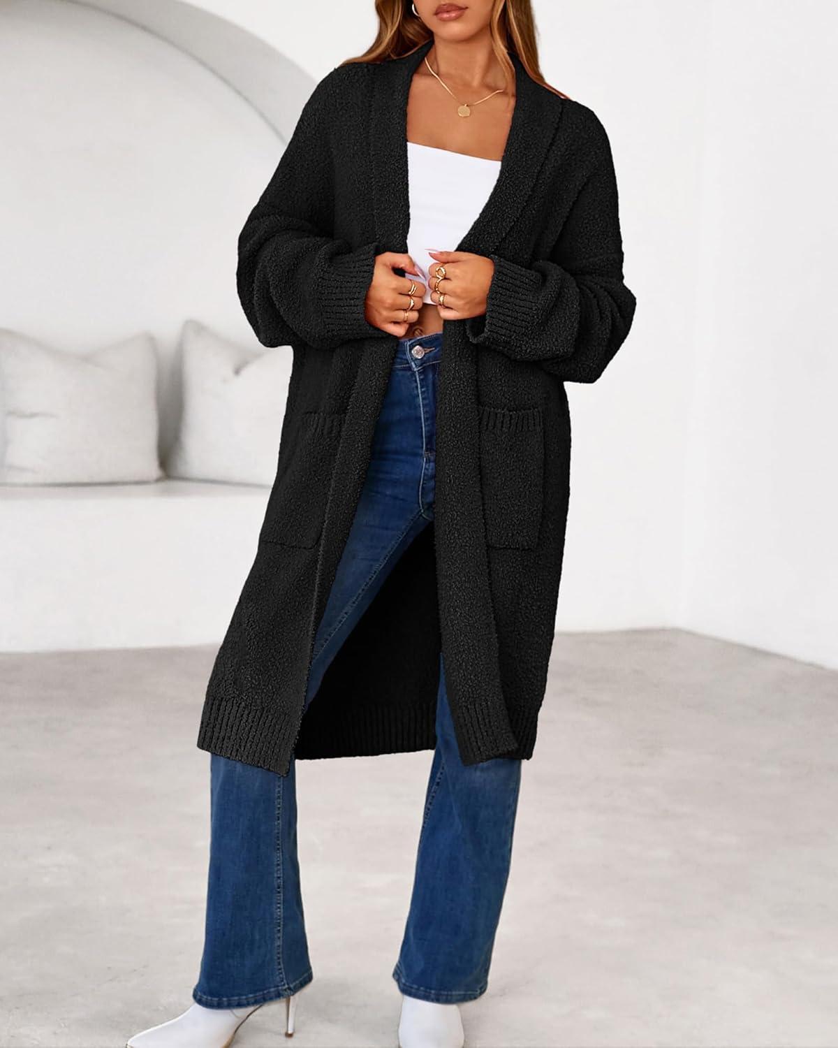 imageBTFBM Long Cardigans for Women Trendy Fall 2025 Open Front Long Sleeve Oversized Sweaters Casual Knit Winter CoatsBlack