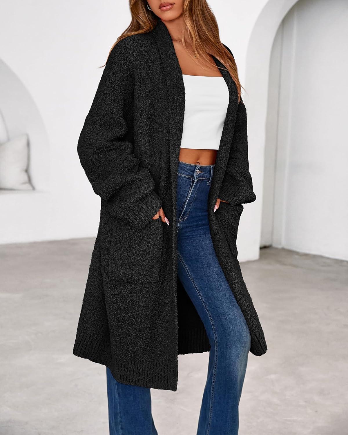 imageBTFBM Long Cardigans for Women Trendy Fall 2025 Open Front Long Sleeve Oversized Sweaters Casual Knit Winter CoatsBlack