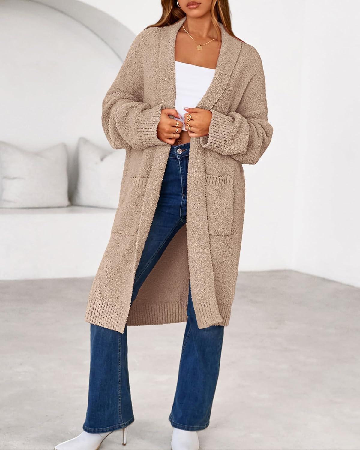 imageBTFBM Long Cardigans for Women Trendy Fall 2025 Open Front Long Sleeve Oversized Sweaters Casual Knit Winter CoatsCamel