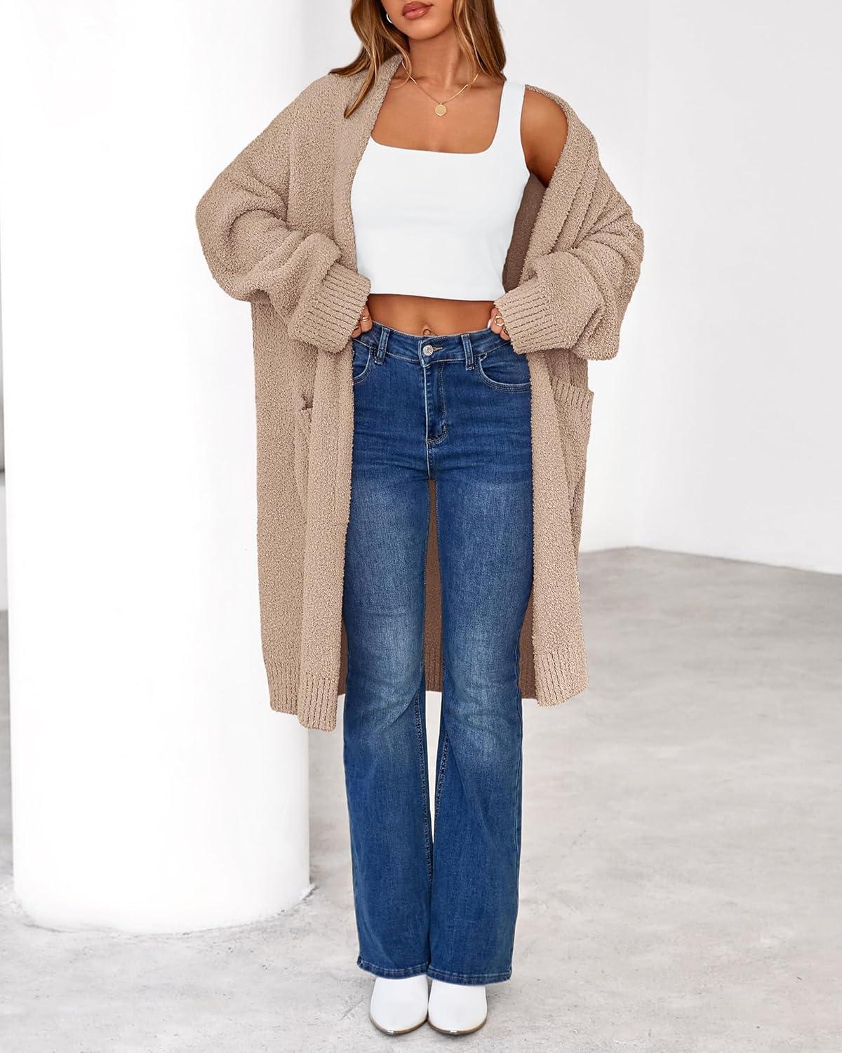 imageBTFBM Long Cardigans for Women Trendy Fall 2025 Open Front Long Sleeve Oversized Sweaters Casual Knit Winter CoatsCamel