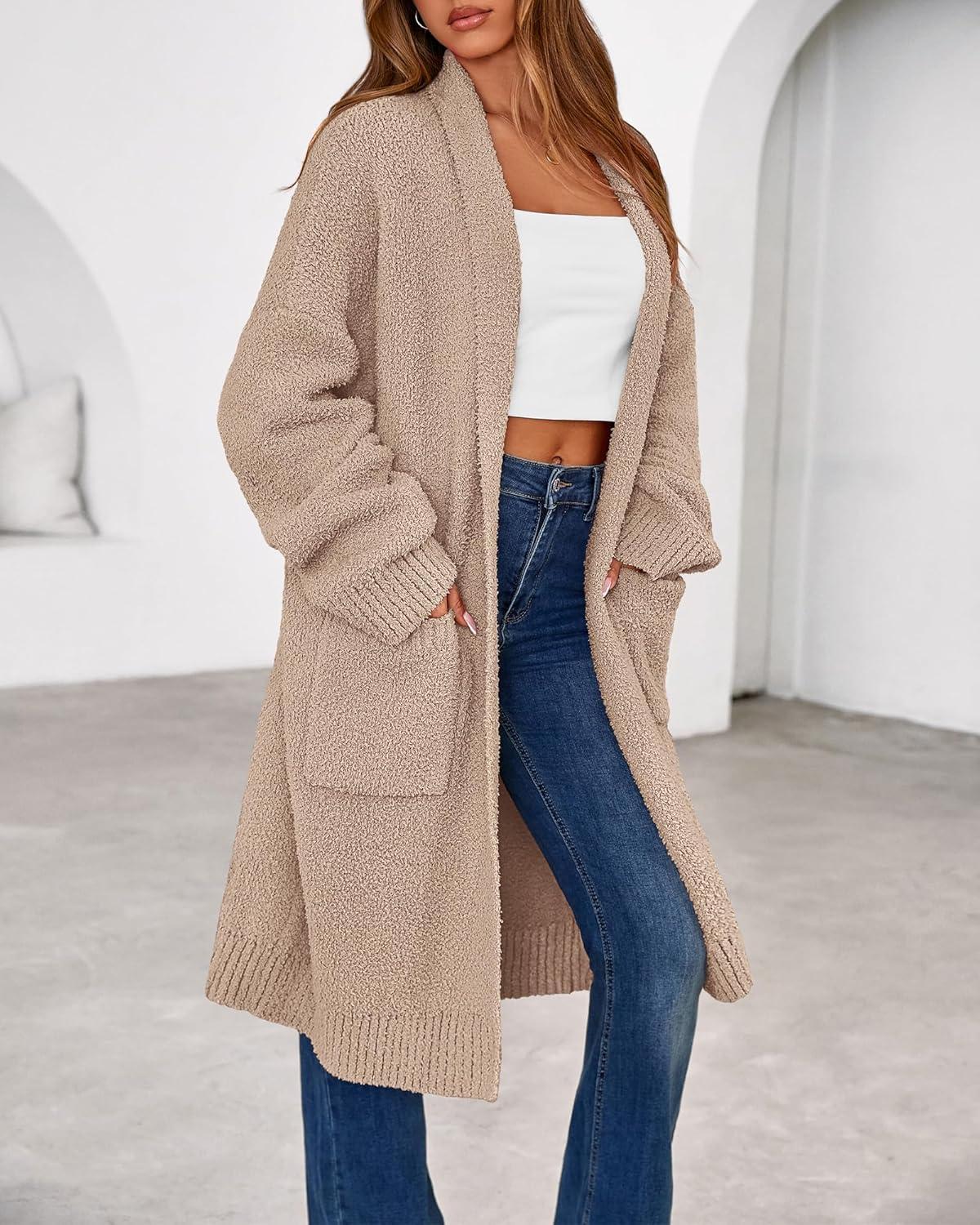 imageBTFBM Long Cardigans for Women Trendy Fall 2025 Open Front Long Sleeve Oversized Sweaters Casual Knit Winter CoatsCamel