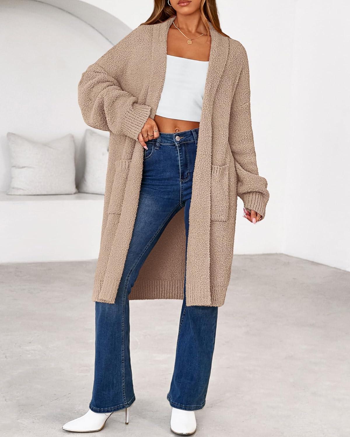 imageBTFBM Long Cardigans for Women Trendy Fall 2025 Open Front Long Sleeve Oversized Sweaters Casual Knit Winter CoatsCamel