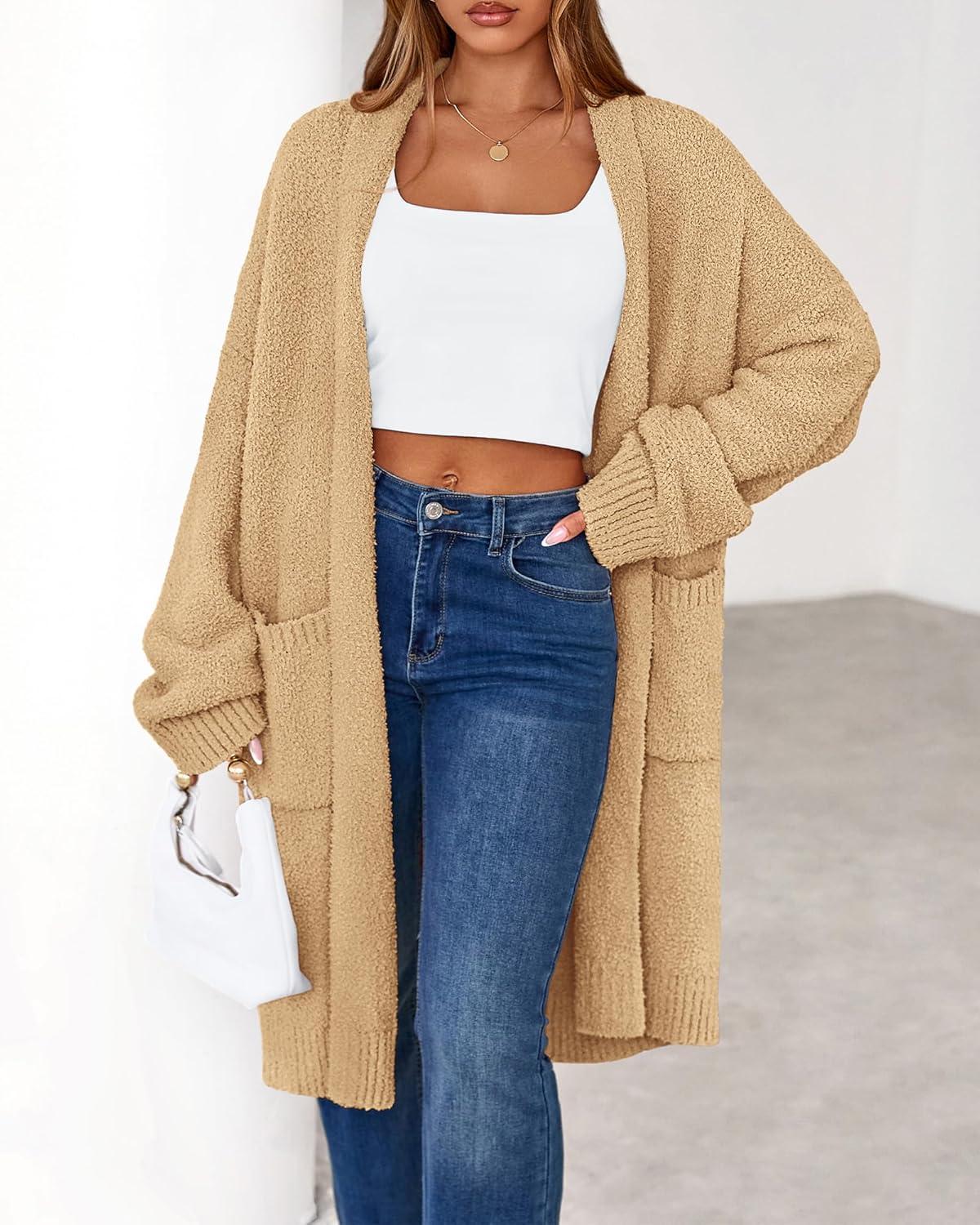 imageBTFBM Long Cardigans for Women Trendy Fall 2025 Open Front Long Sleeve Oversized Sweaters Casual Knit Winter CoatsKhaki