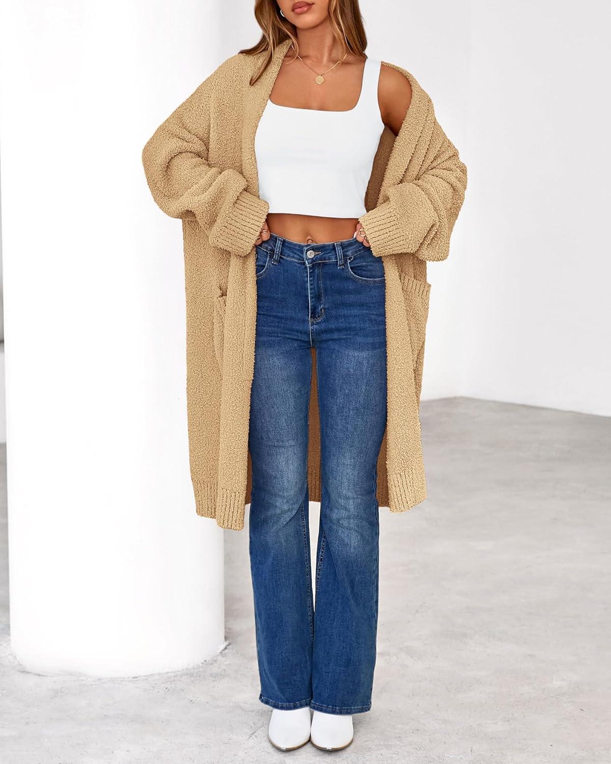imageBTFBM Long Cardigans for Women Trendy Fall 2025 Open Front Long Sleeve Oversized Sweaters Casual Knit Winter CoatsKhaki