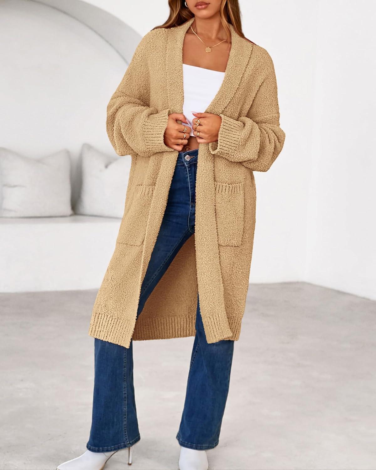 imageBTFBM Long Cardigans for Women Trendy Fall 2025 Open Front Long Sleeve Oversized Sweaters Casual Knit Winter CoatsKhaki