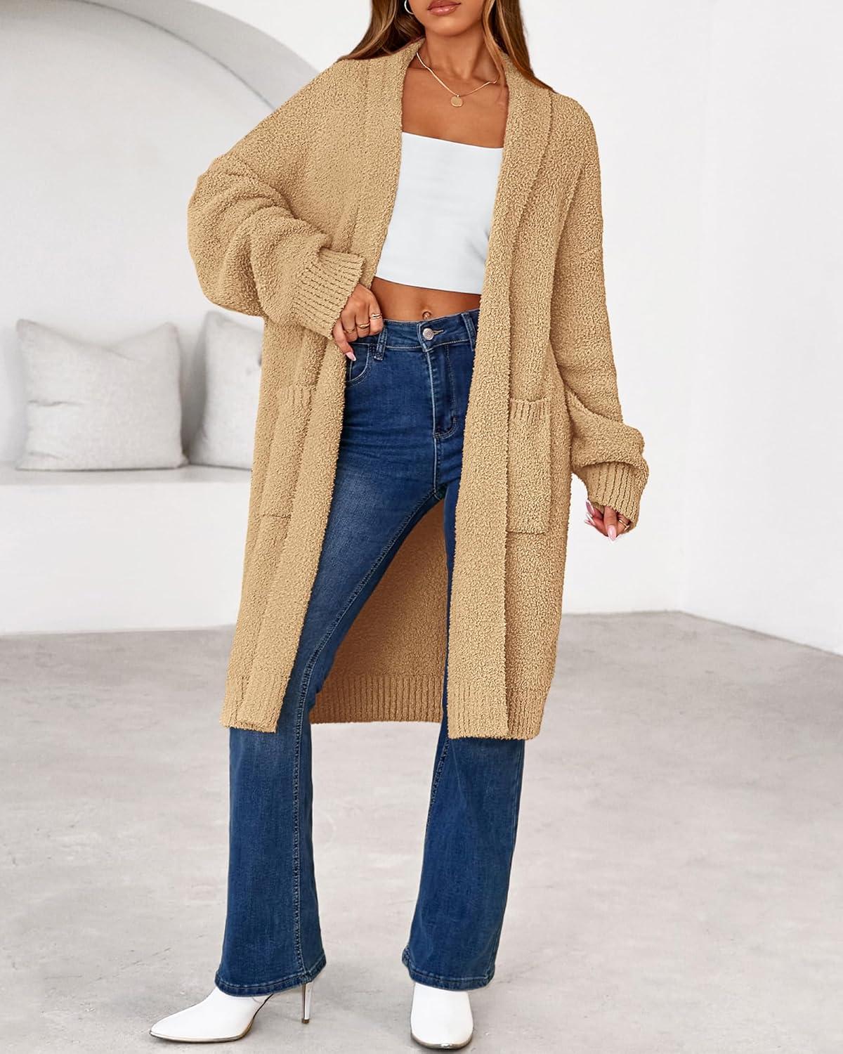 imageBTFBM Long Cardigans for Women Trendy Fall 2025 Open Front Long Sleeve Oversized Sweaters Casual Knit Winter CoatsKhaki