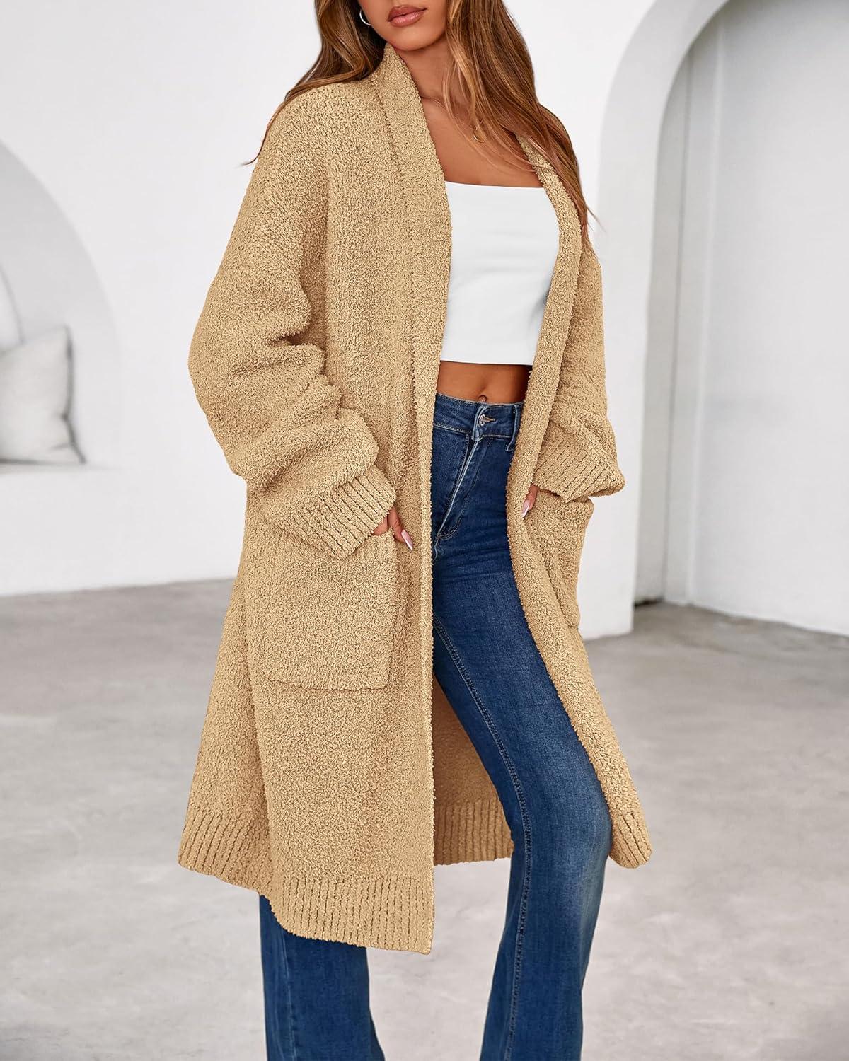 imageBTFBM Long Cardigans for Women Trendy Fall 2025 Open Front Long Sleeve Oversized Sweaters Casual Knit Winter CoatsKhaki