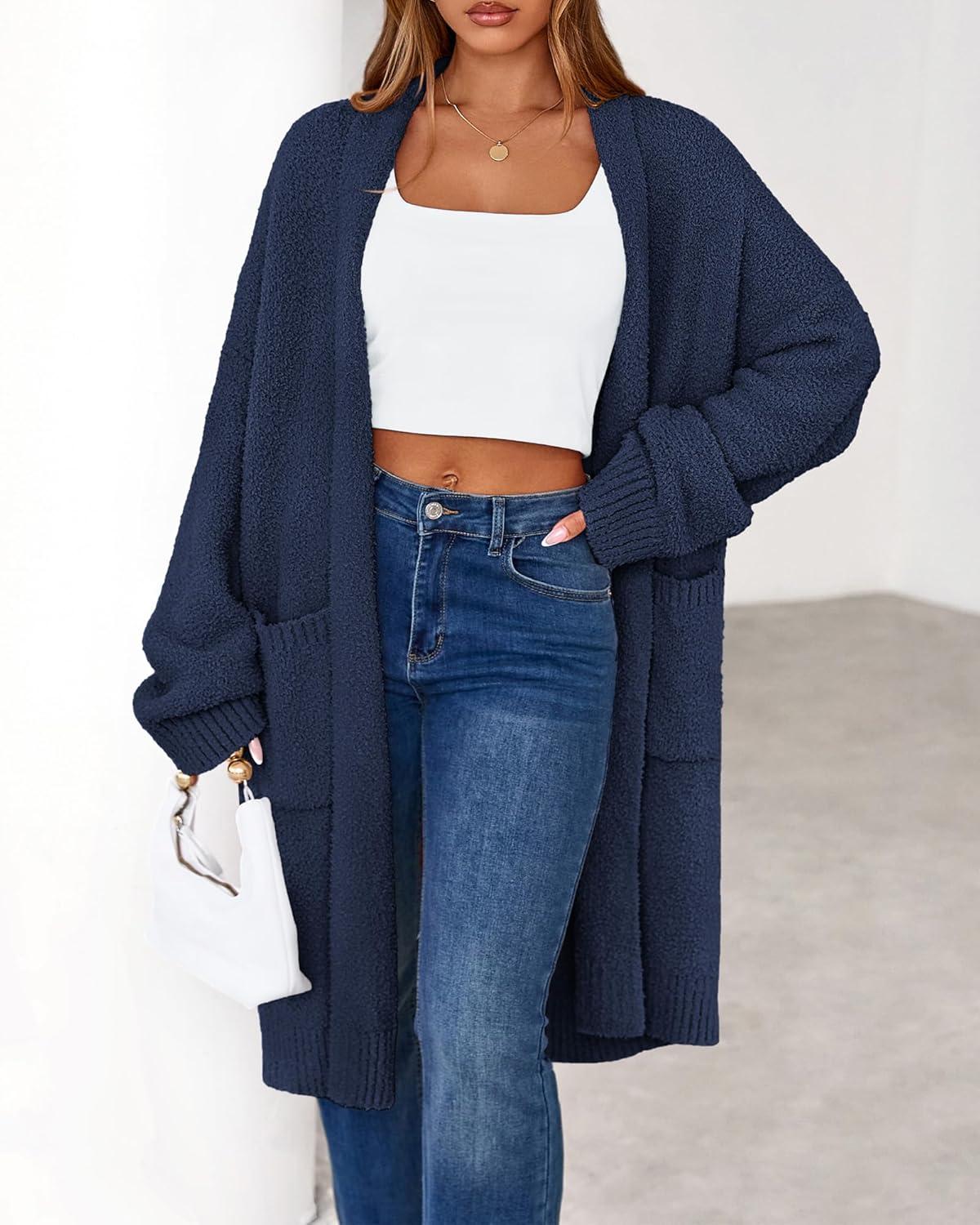 imageBTFBM Long Cardigans for Women Trendy Fall 2025 Open Front Long Sleeve Oversized Sweaters Casual Knit Winter CoatsNavy Blue