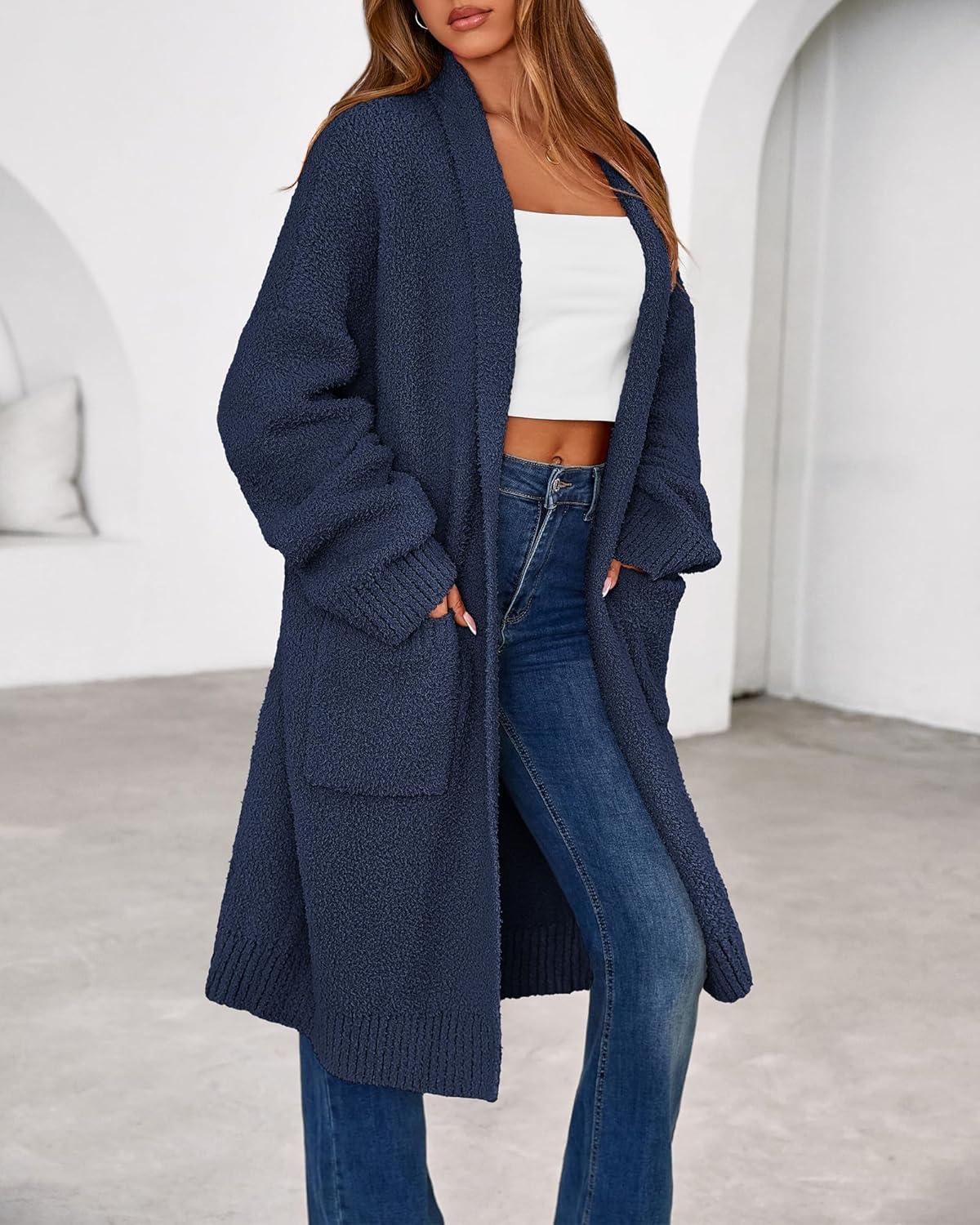 imageBTFBM Long Cardigans for Women Trendy Fall 2025 Open Front Long Sleeve Oversized Sweaters Casual Knit Winter CoatsNavy Blue