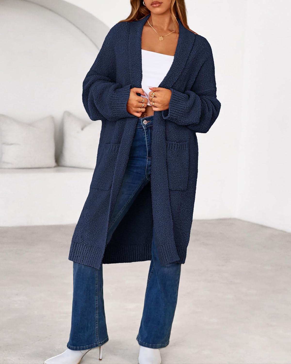 imageBTFBM Long Cardigans for Women Trendy Fall 2025 Open Front Long Sleeve Oversized Sweaters Casual Knit Winter CoatsNavy Blue
