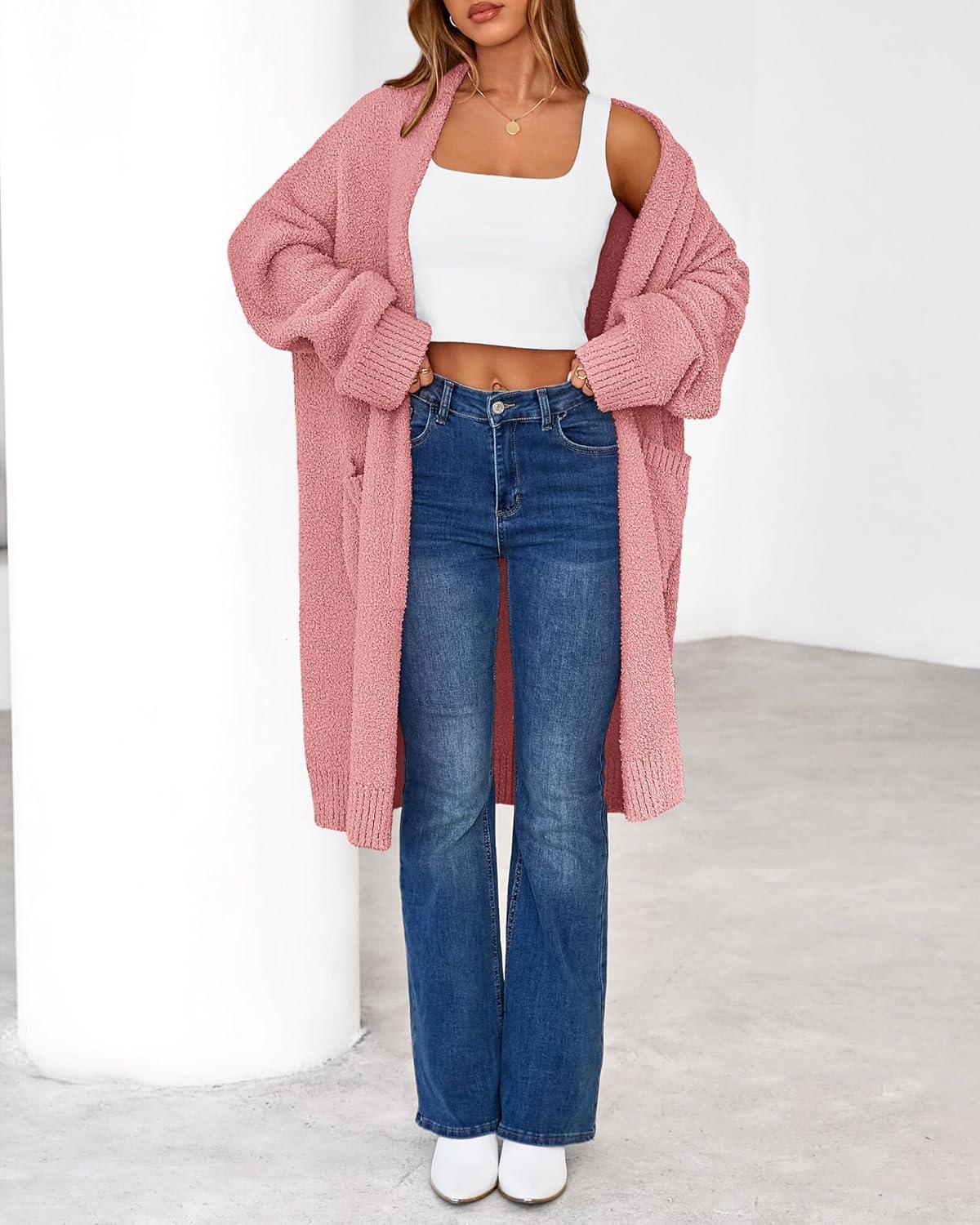 imageBTFBM Long Cardigans for Women Trendy Fall 2025 Open Front Long Sleeve Oversized Sweaters Casual Knit Winter CoatsPink