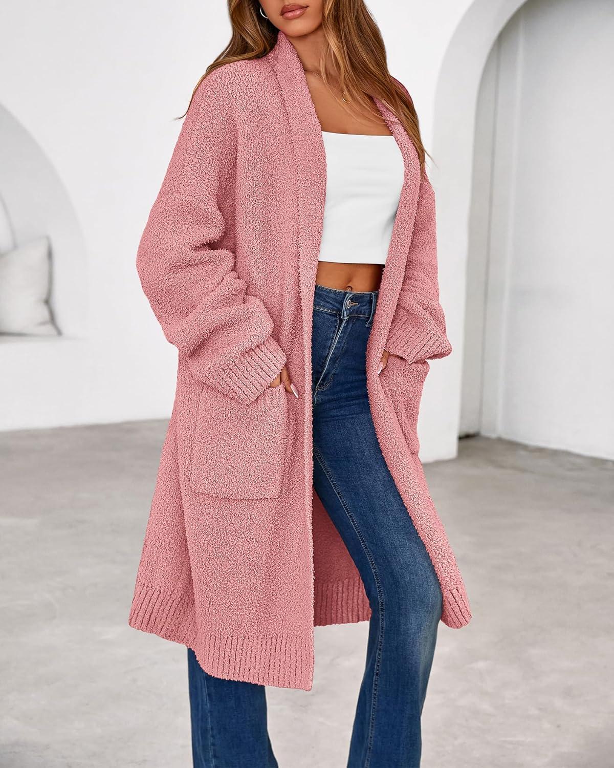 imageBTFBM Long Cardigans for Women Trendy Fall 2025 Open Front Long Sleeve Oversized Sweaters Casual Knit Winter CoatsPink