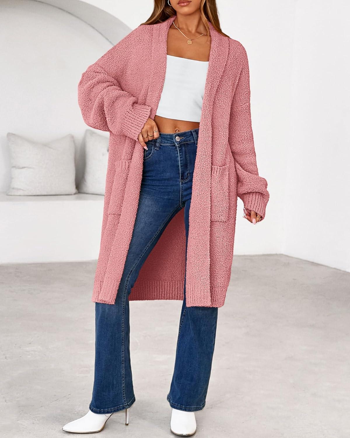 imageBTFBM Long Cardigans for Women Trendy Fall 2025 Open Front Long Sleeve Oversized Sweaters Casual Knit Winter CoatsPink