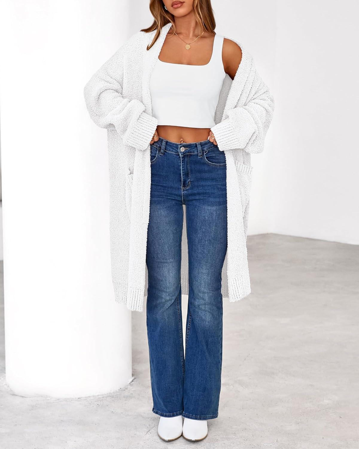 imageBTFBM Long Cardigans for Women Trendy Fall 2025 Open Front Long Sleeve Oversized Sweaters Casual Knit Winter CoatsWhite