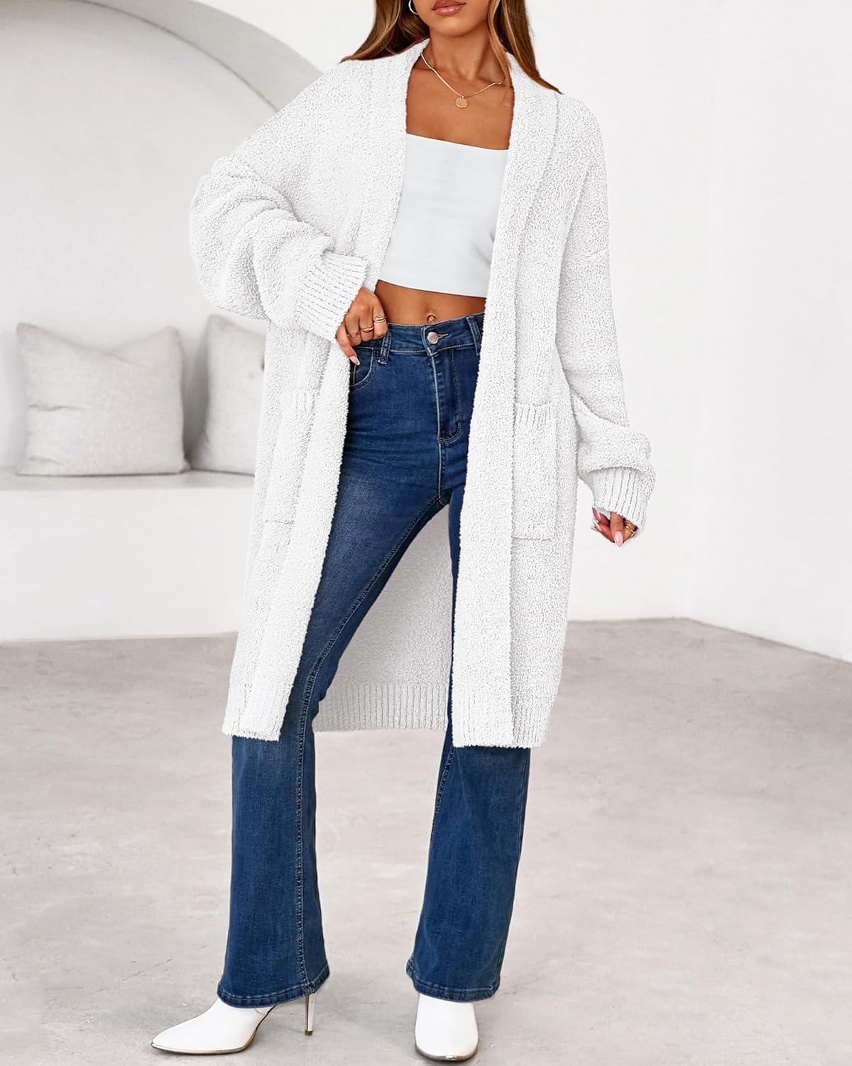 imageBTFBM Long Cardigans for Women Trendy Fall 2025 Open Front Long Sleeve Oversized Sweaters Casual Knit Winter CoatsWhite
