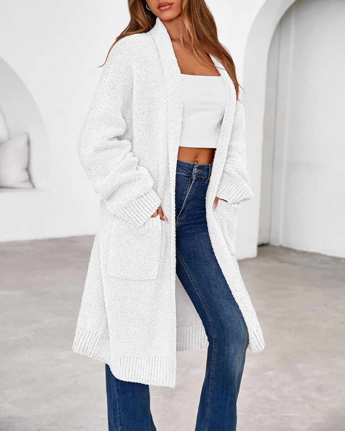 imageBTFBM Long Cardigans for Women Trendy Fall 2025 Open Front Long Sleeve Oversized Sweaters Casual Knit Winter CoatsWhite