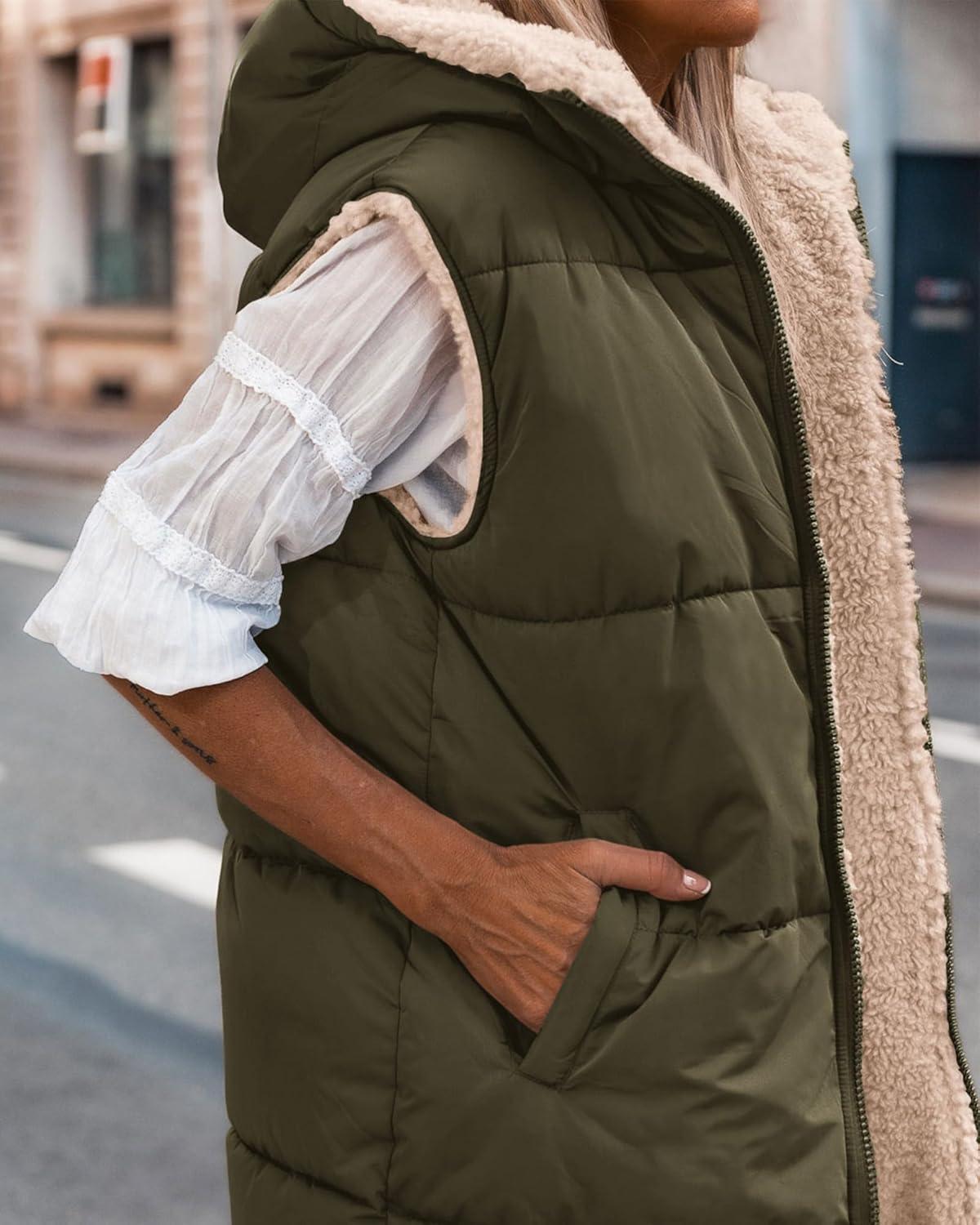 imageBTFBM Long Puffer Vest Women Fleece Sherpa Jacket Sleeveless Hooded Reversible Zip Up Winter Coat Fall Vests OuterwearArmy Green
