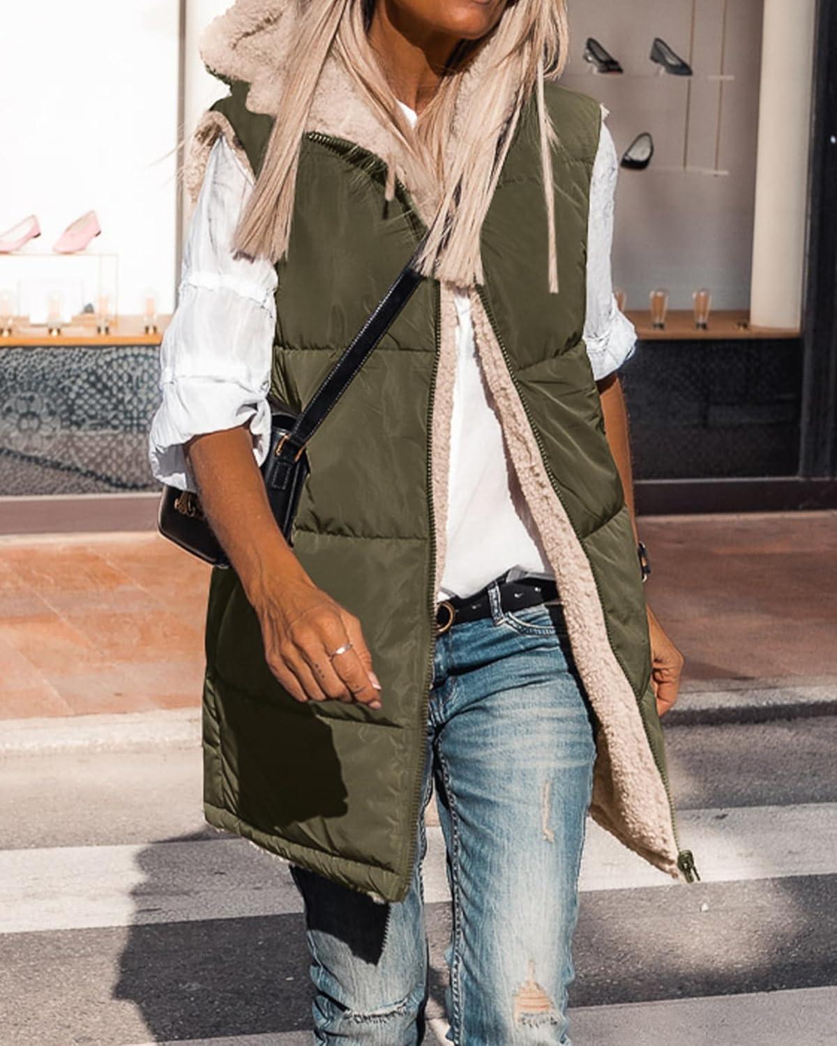 imageBTFBM Long Puffer Vest Women Fleece Sherpa Jacket Sleeveless Hooded Reversible Zip Up Winter Coat Fall Vests OuterwearArmy Green