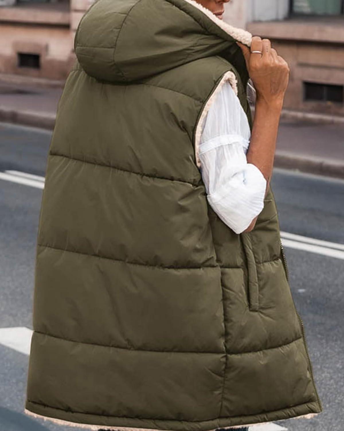 imageBTFBM Long Puffer Vest Women Fleece Sherpa Jacket Sleeveless Hooded Reversible Zip Up Winter Coat Fall Vests OuterwearArmy Green
