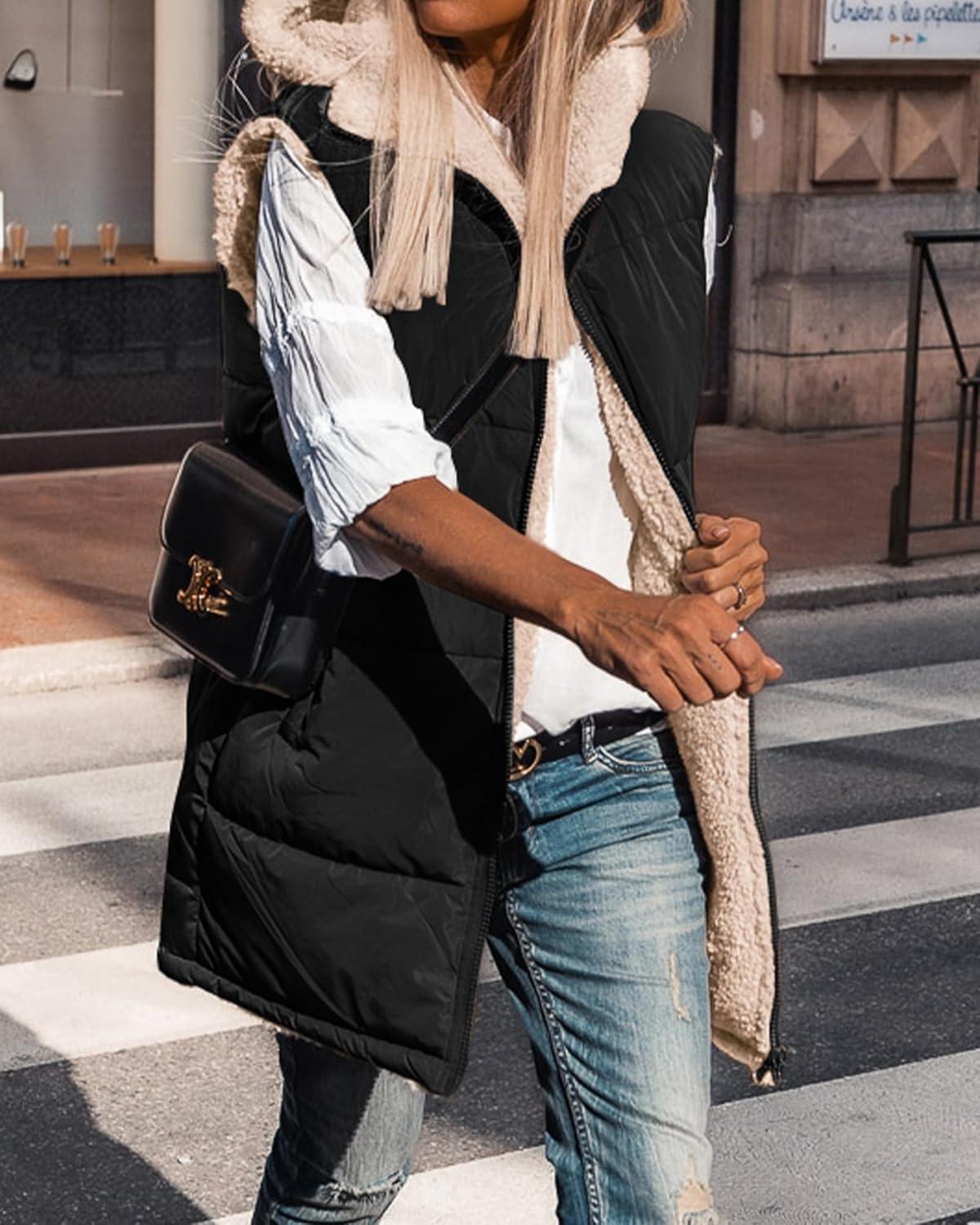 imageBTFBM Long Puffer Vest Women Fleece Sherpa Jacket Sleeveless Hooded Reversible Zip Up Winter Coat Fall Vests OuterwearBlack