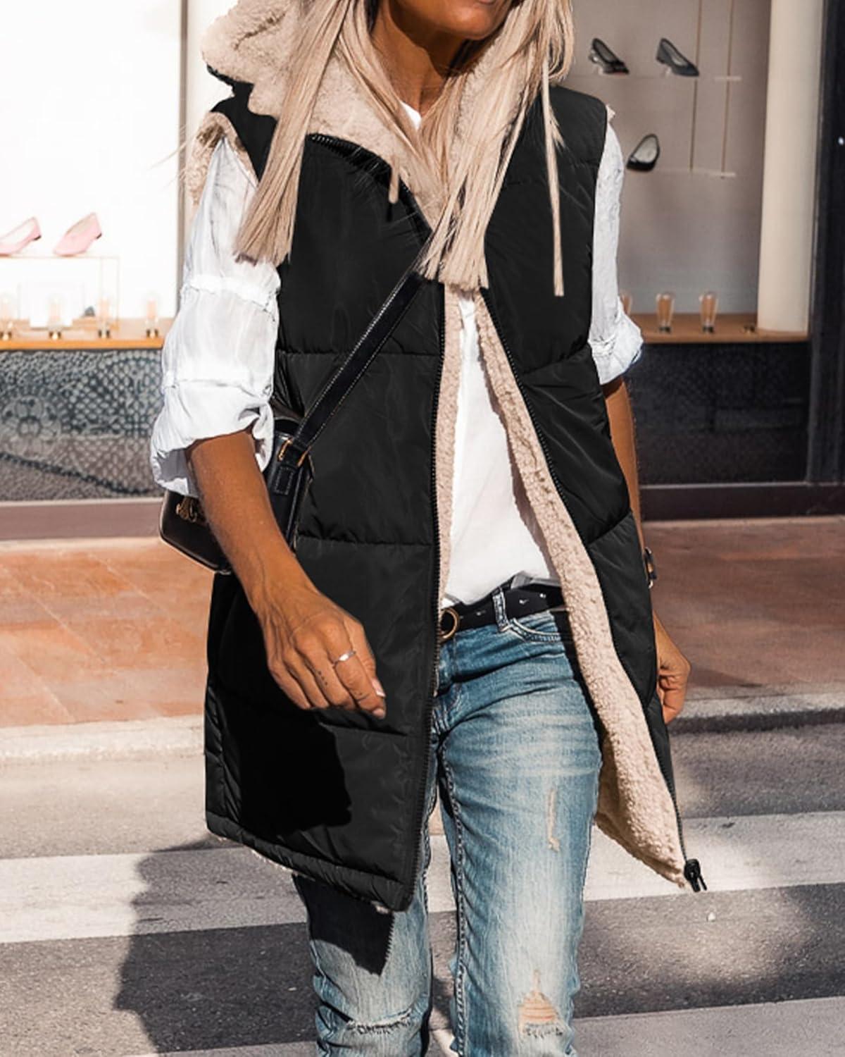 imageBTFBM Long Puffer Vest Women Fleece Sherpa Jacket Sleeveless Hooded Reversible Zip Up Winter Coat Fall Vests OuterwearBlack