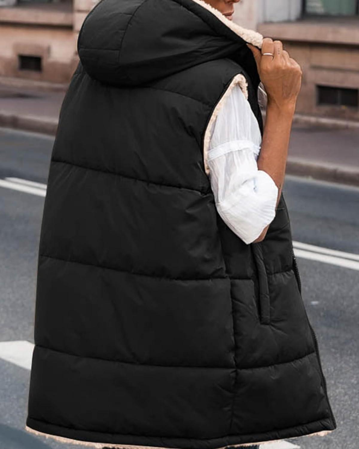 imageBTFBM Long Puffer Vest Women Fleece Sherpa Jacket Sleeveless Hooded Reversible Zip Up Winter Coat Fall Vests OuterwearBlack