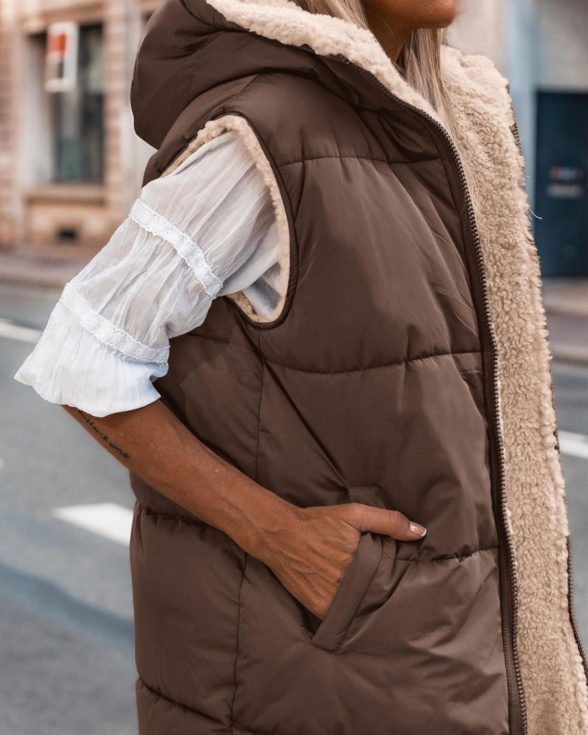 imageBTFBM Long Puffer Vest Women Fleece Sherpa Jacket Sleeveless Hooded Reversible Zip Up Winter Coat Fall Vests OuterwearCoffee